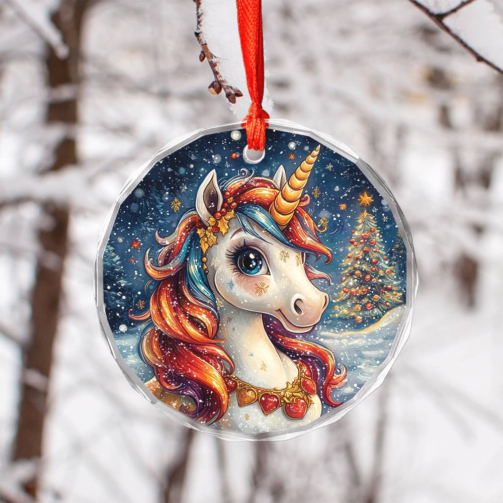 Beautiful Angus Unicorn Christmas Night Design 3 Glass Ornament