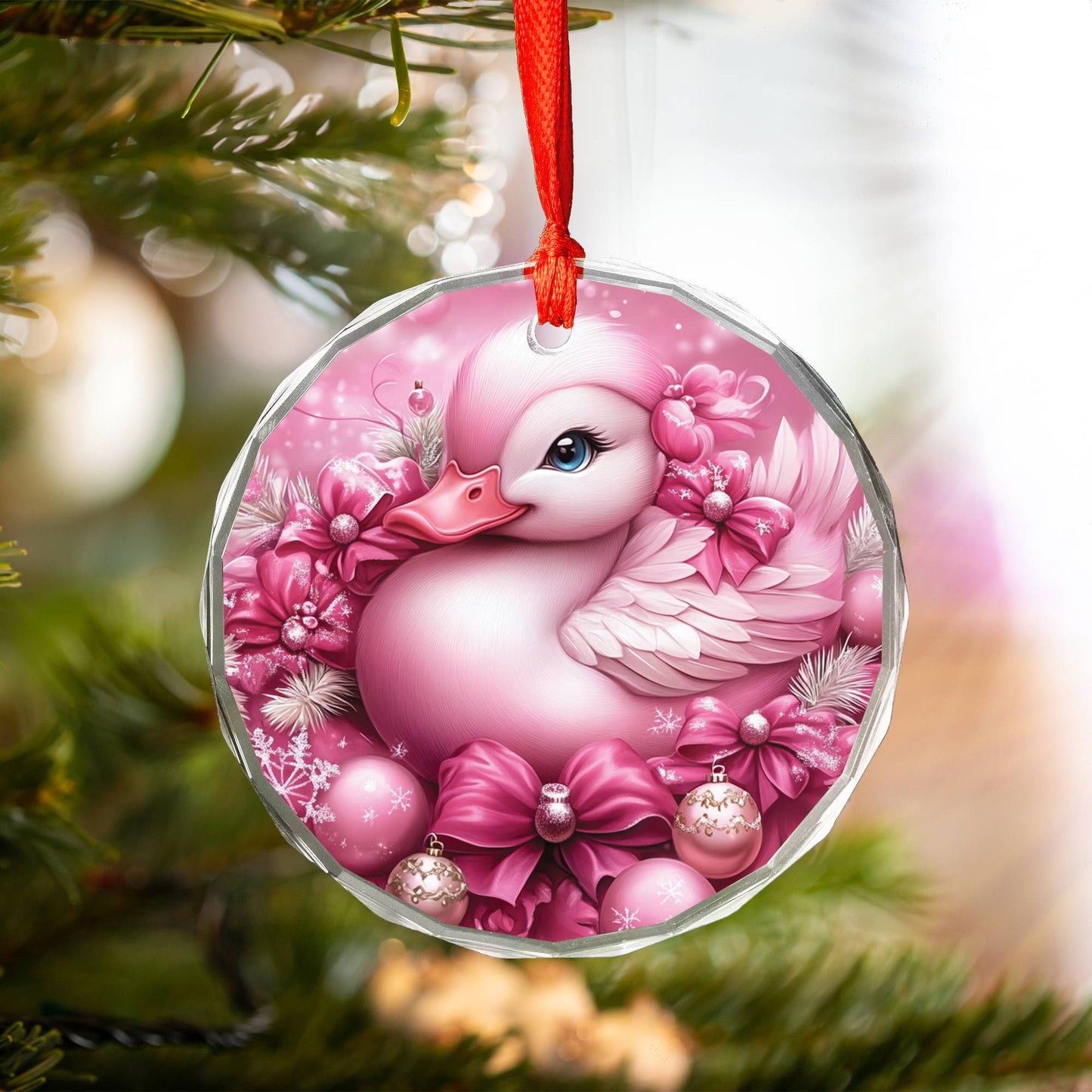 Duck Pink Christmas Design 3 Glass Ornament