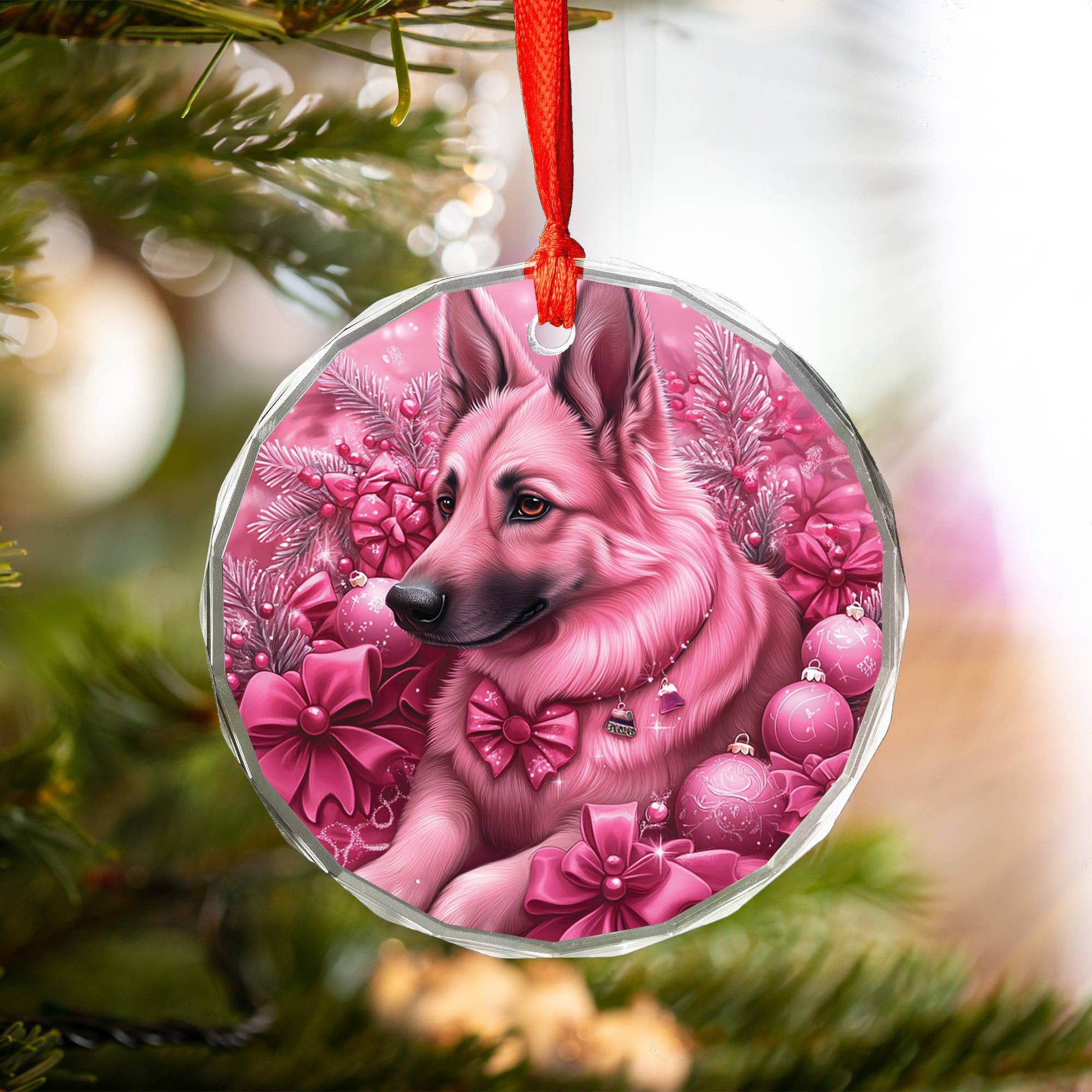 German Shepherd Dog Pink Christmas Design 3 Glass Ornament