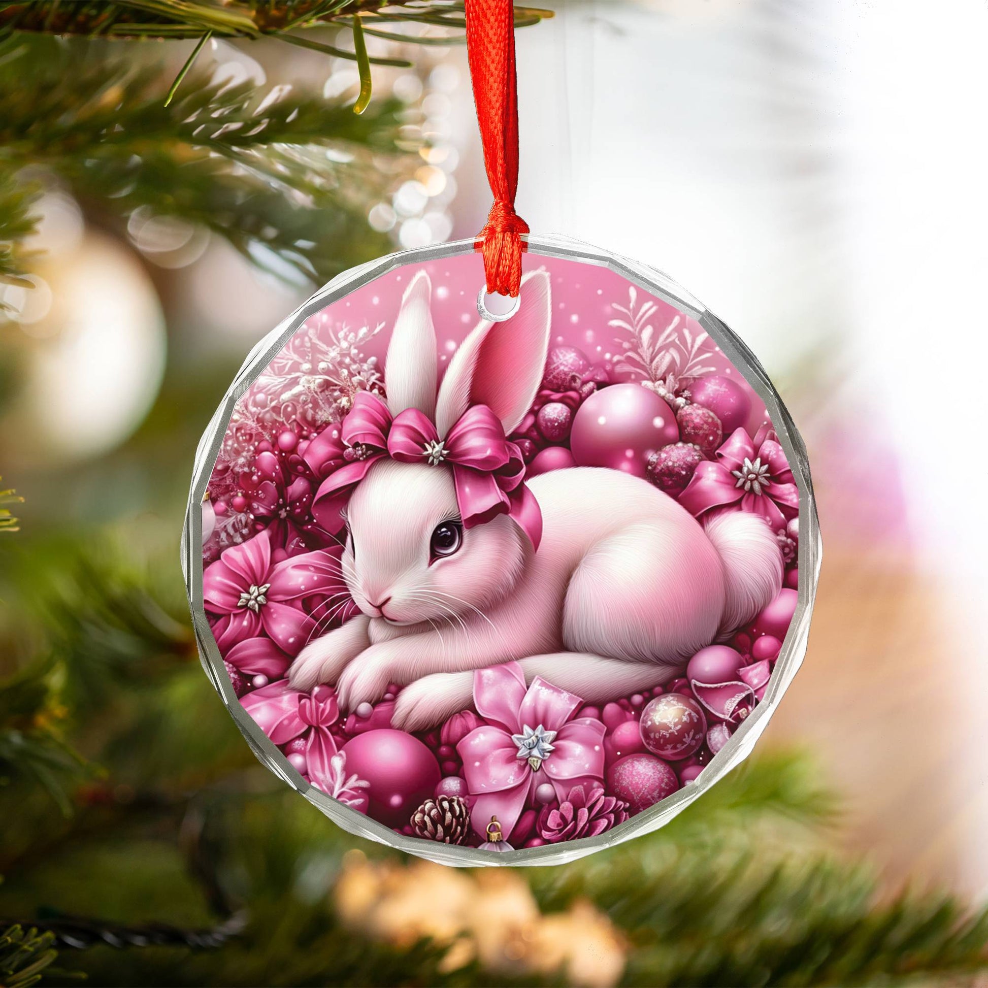 Rabbit Pink Christmas Design 2 Glass Ornament