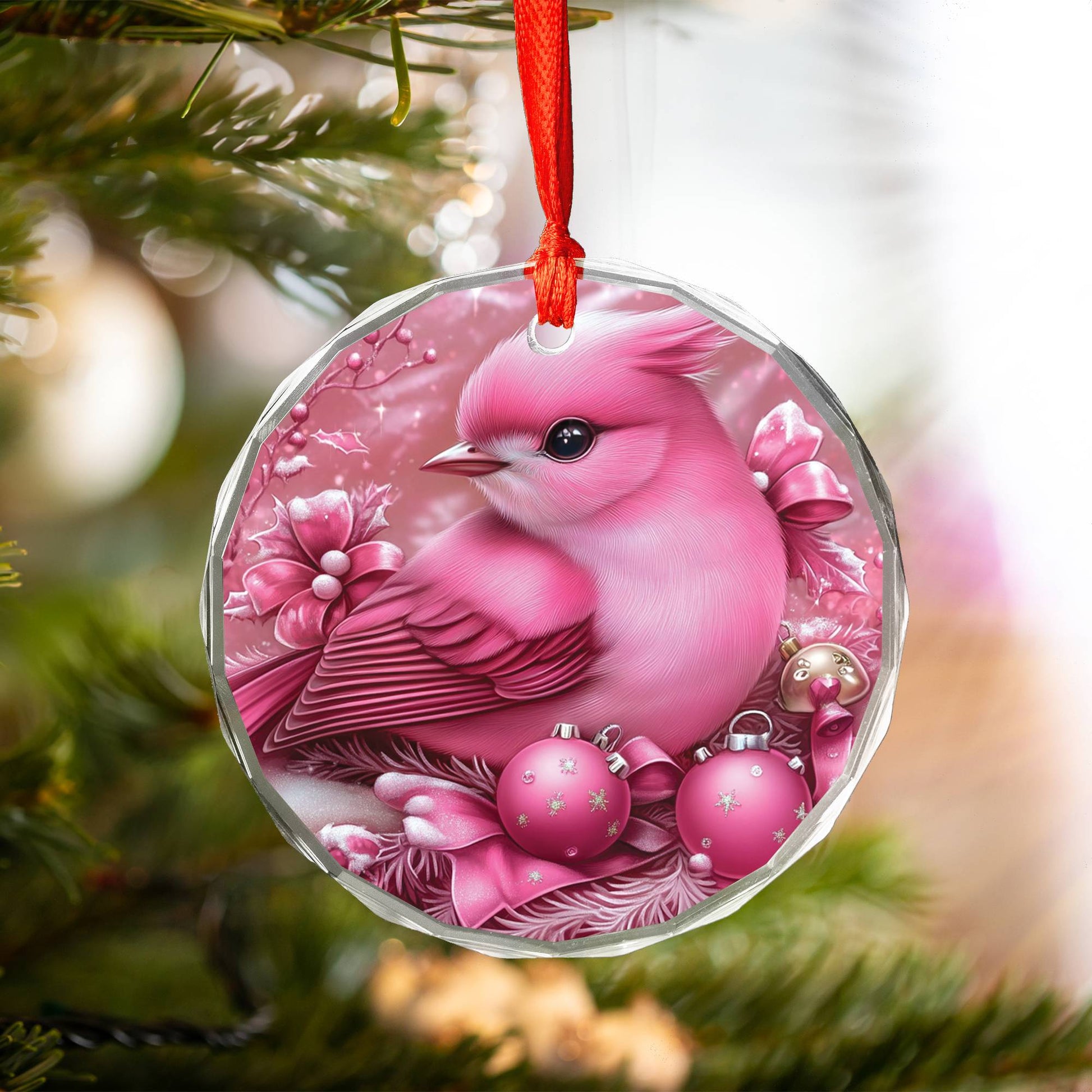 Songbird Pink Christmas Design 4 Glass Ornament