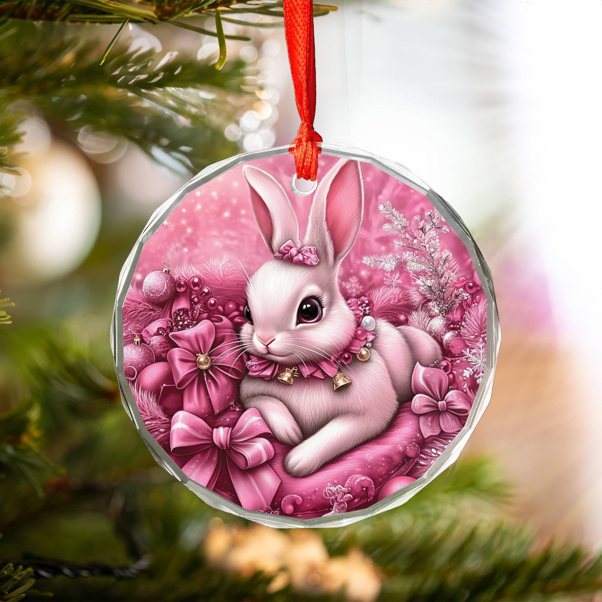 Rabbit Pink Christmas Design 4 Glass Ornament