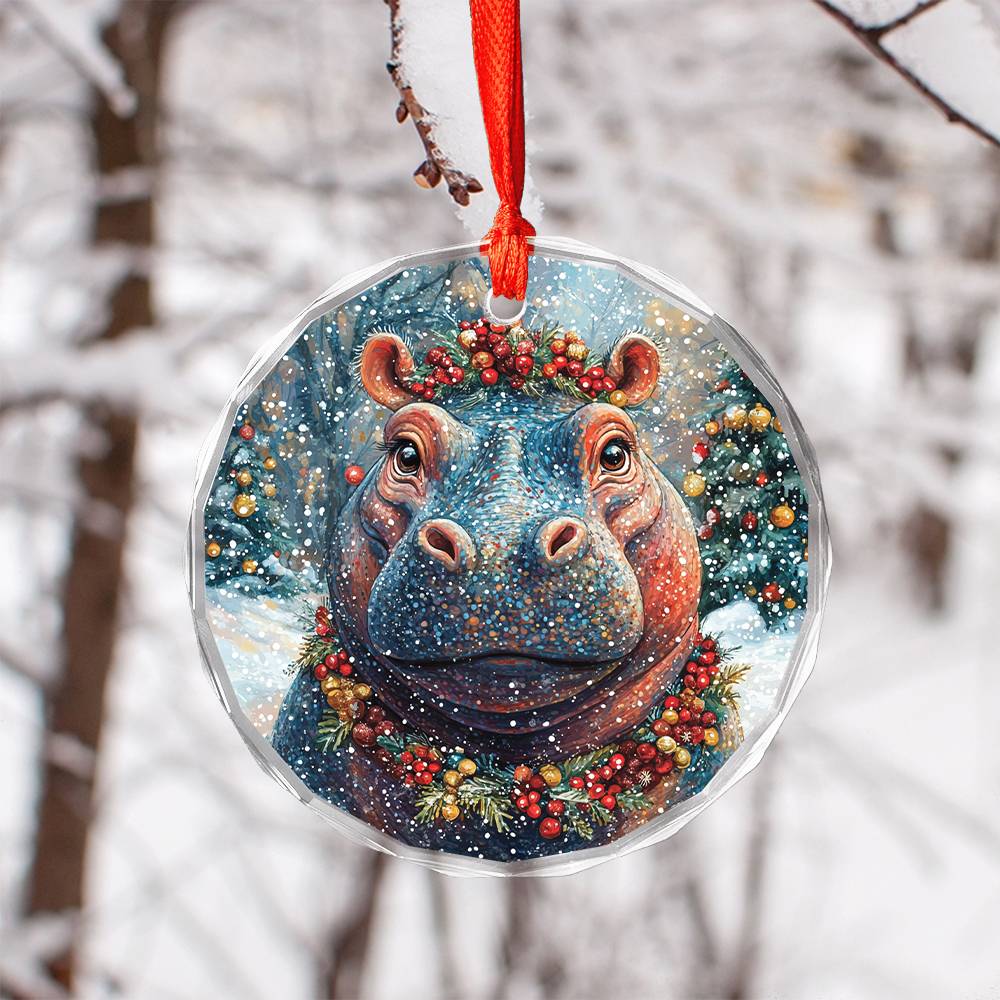 Beautiful Hippo Christmas Night Design 1 Glass Ornament