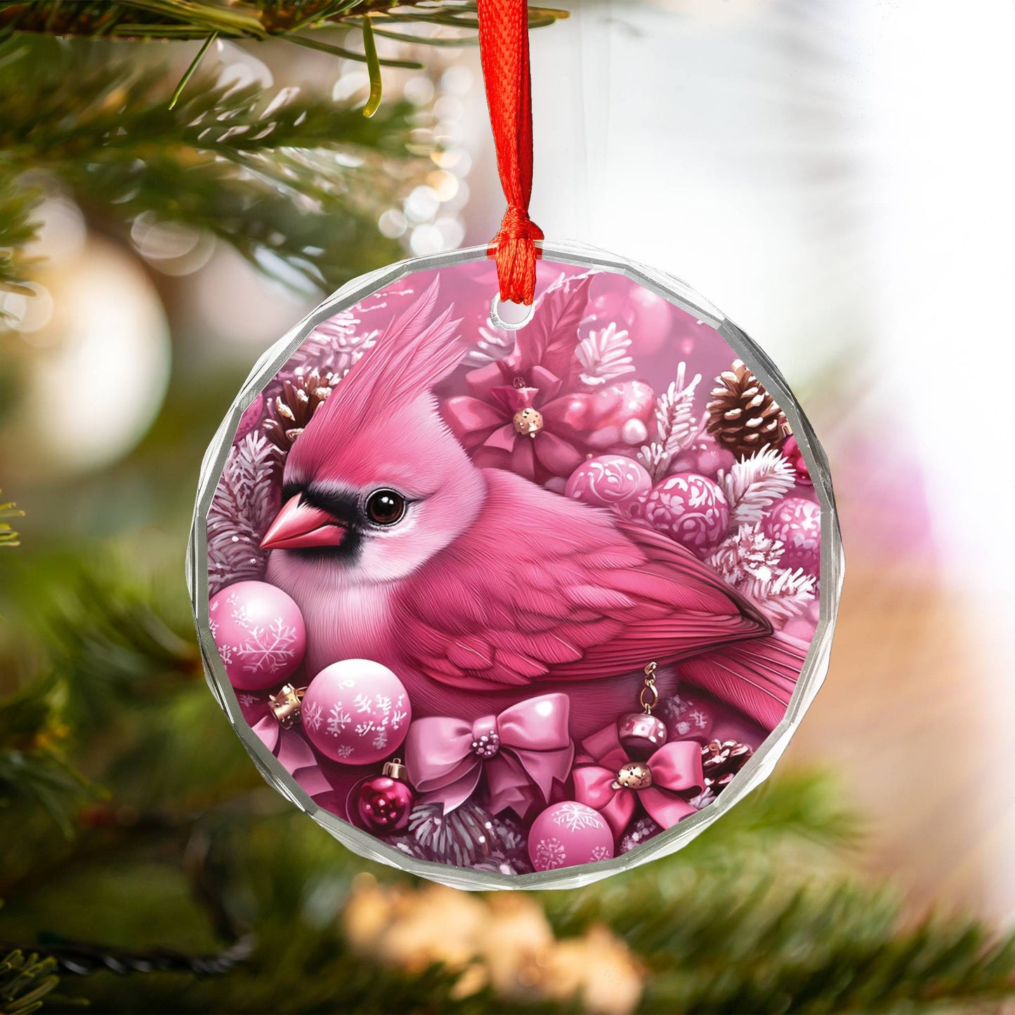 Cardinal Pink Christmas Design 1 Glass Ornament