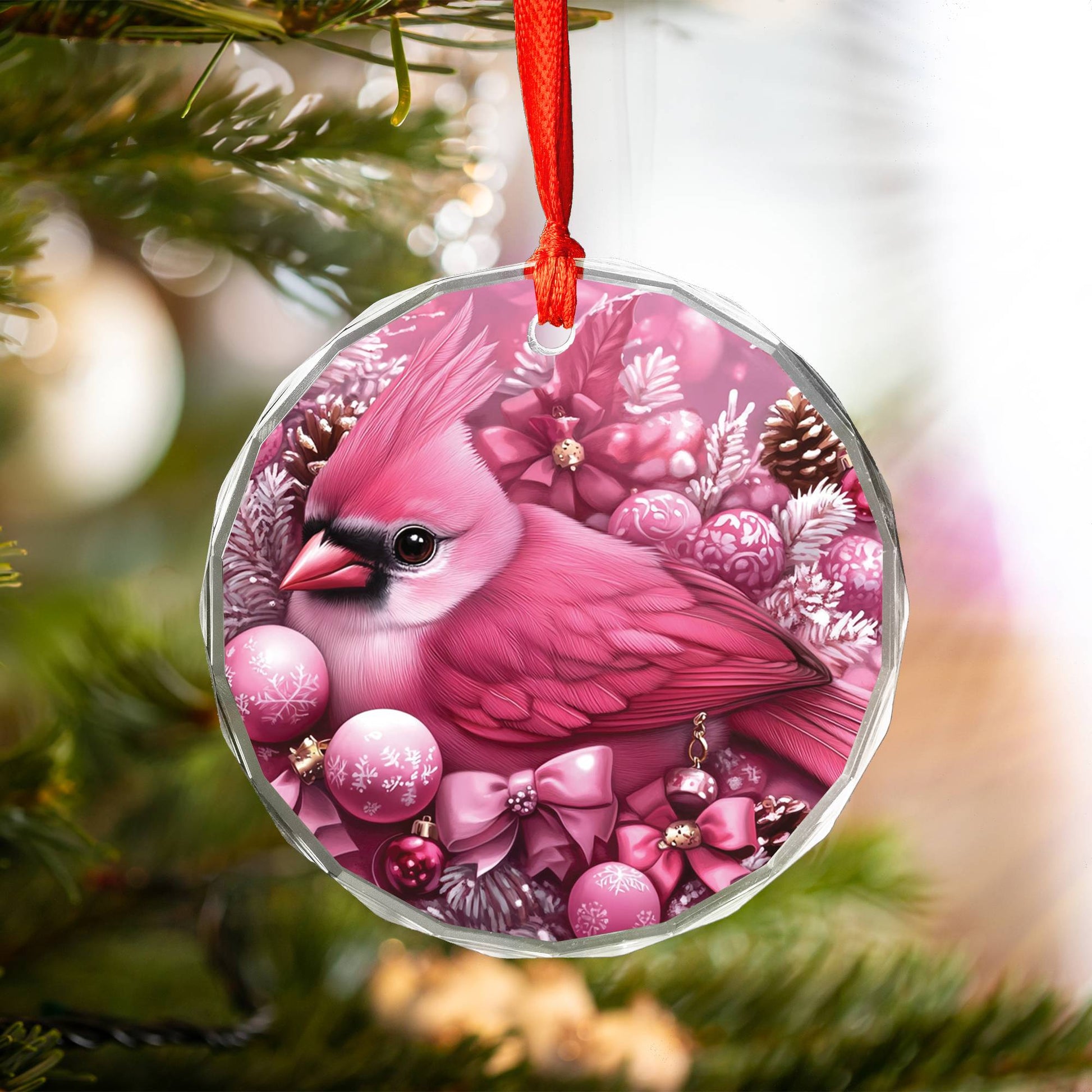 Cardinal Pink Christmas Design 1 Glass Ornament