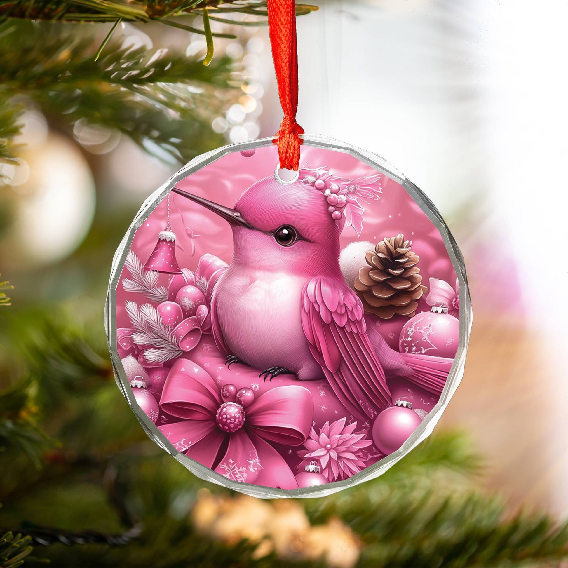 Hummingbird Pink Christmas Design 2 Glass Ornament