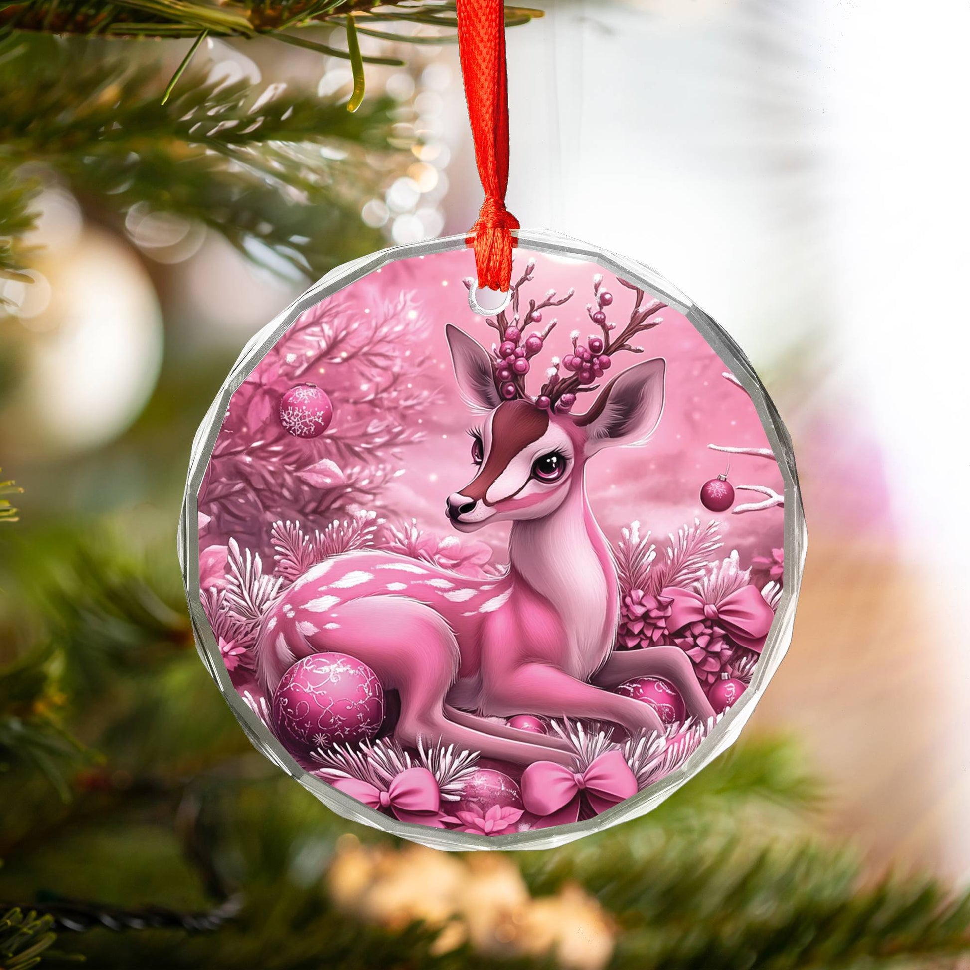 Antelope Pink Christmas Design 3 Glass Ornament