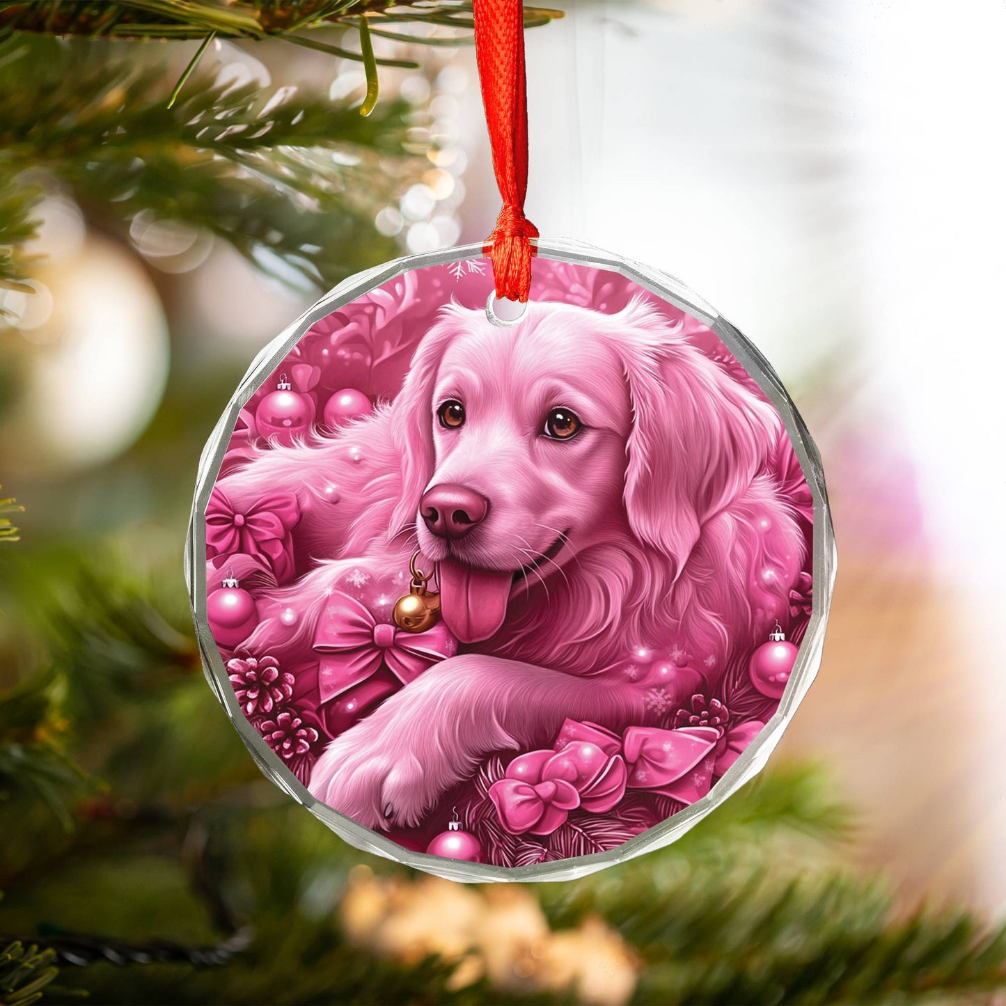 Golden Retriever Dog Pink Christmas Design 2 Glass Ornament