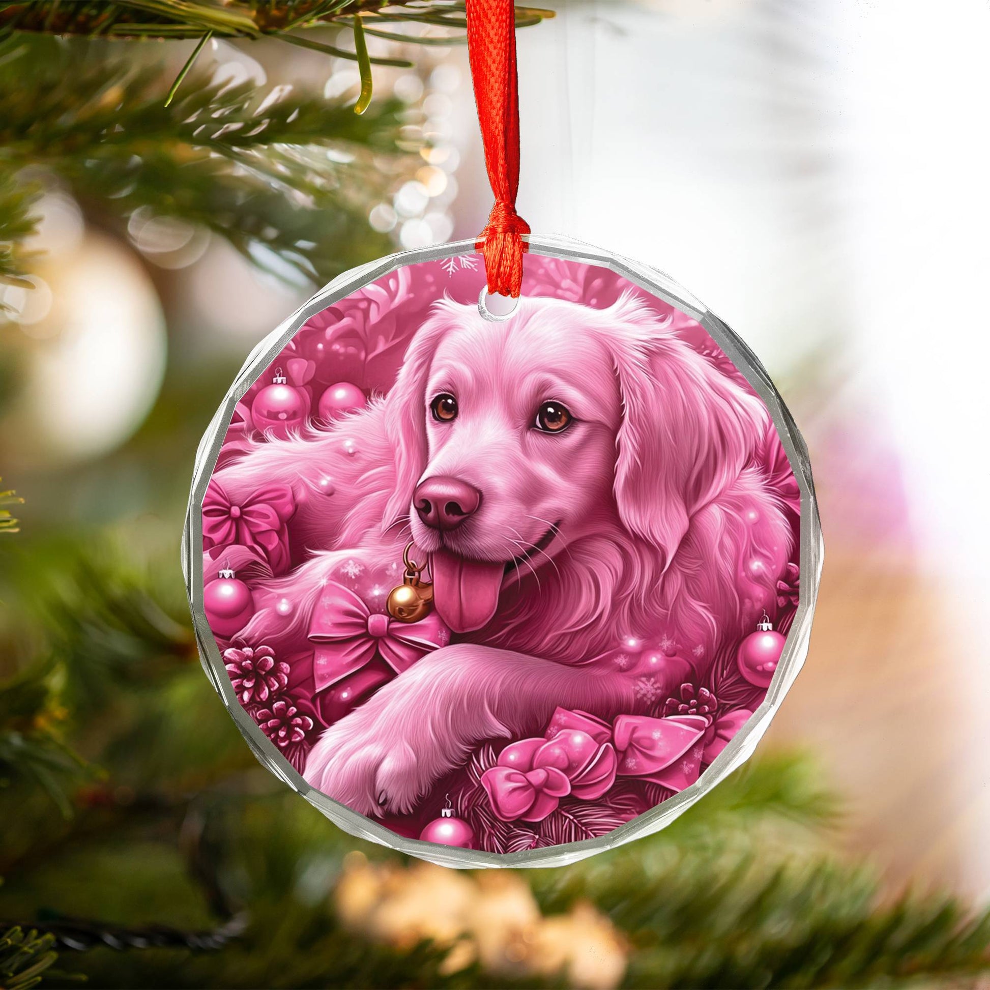 Golden Retriever Dog Pink Christmas Design 2 Glass Ornament