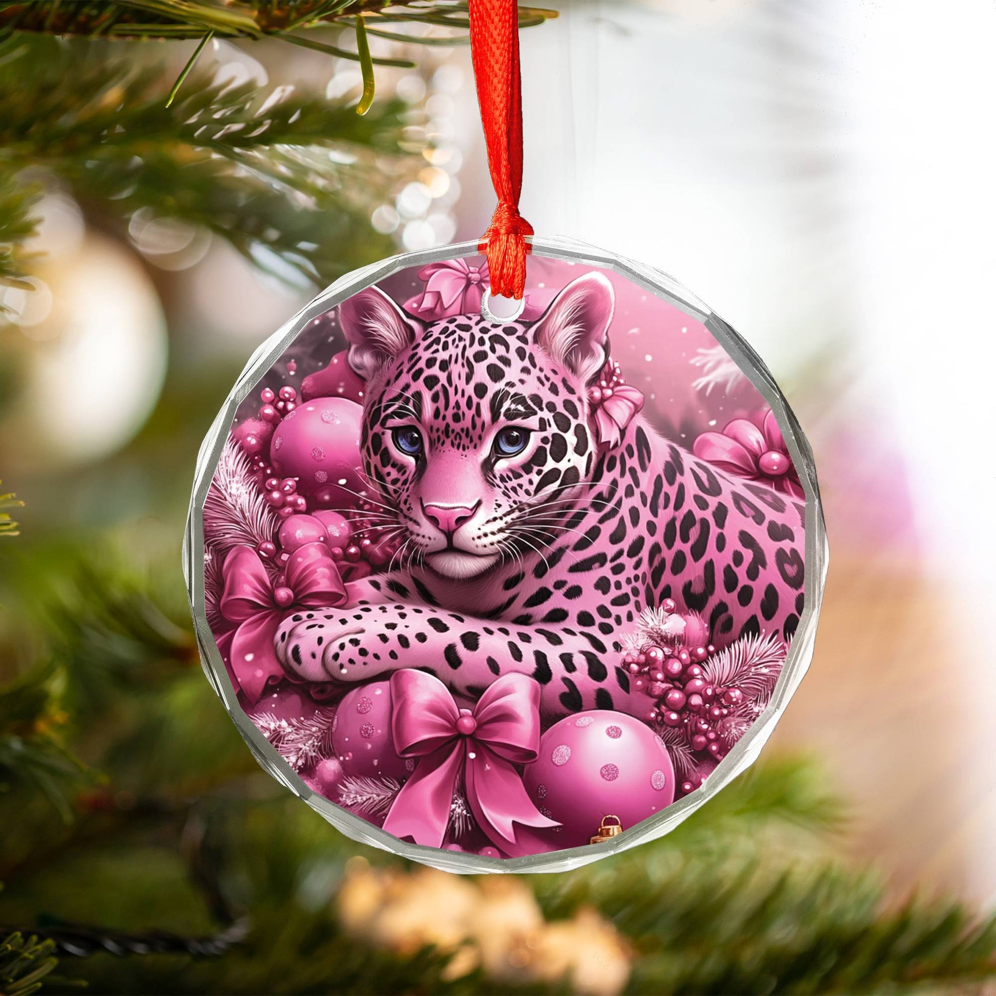 Jaguar Pink Christmas Design 4 Glass Ornament