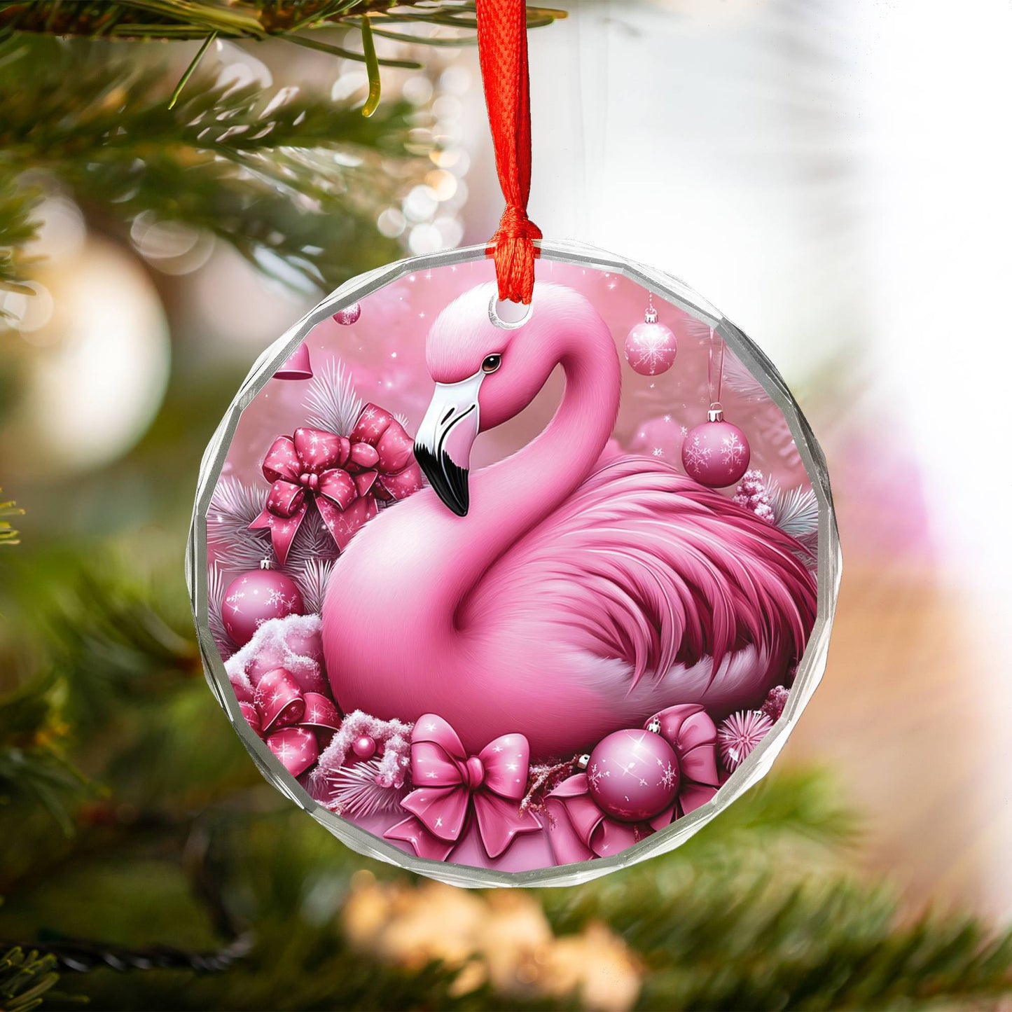 Flamingo Pink Christmas Design 1 Glass Ornament