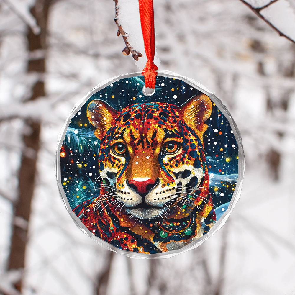 Beautiful Jaguar Christmas Night Design 4 Glass Ornament