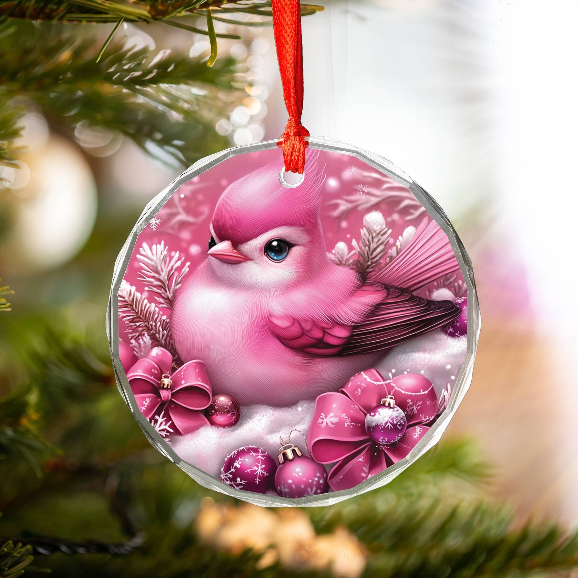 Songbird Pink Christmas Design 1 Glass Ornament