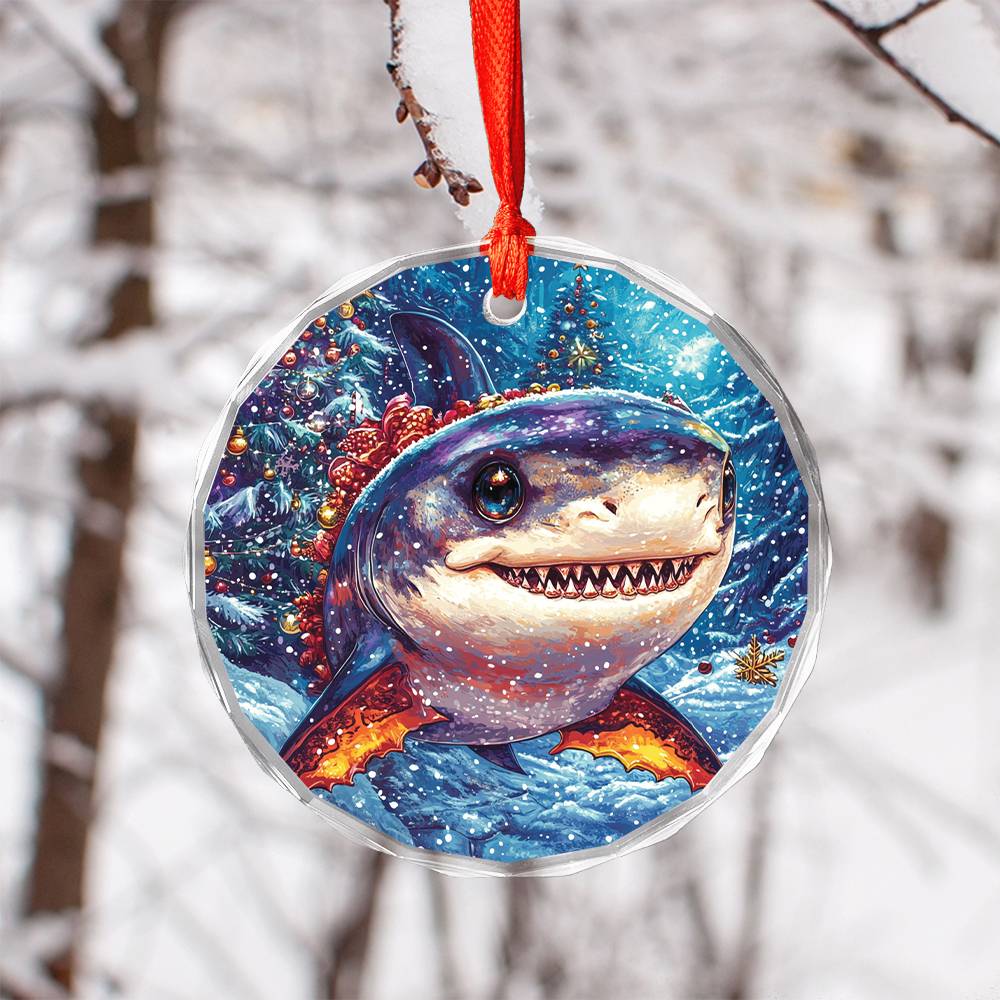 Beautiful Angus Shark Christmas Night Design 4 Glass Ornament