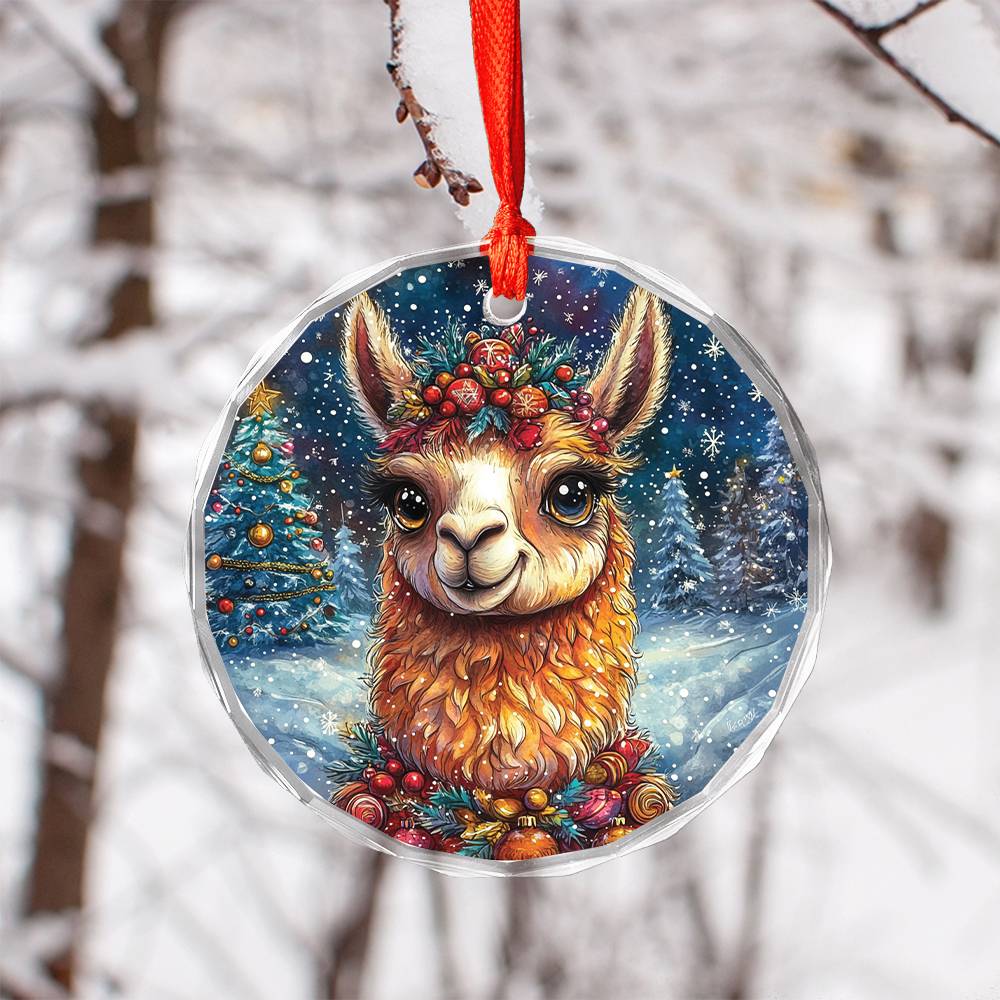 Beautiful Llama Christmas Night Design 3 Glass Ornament