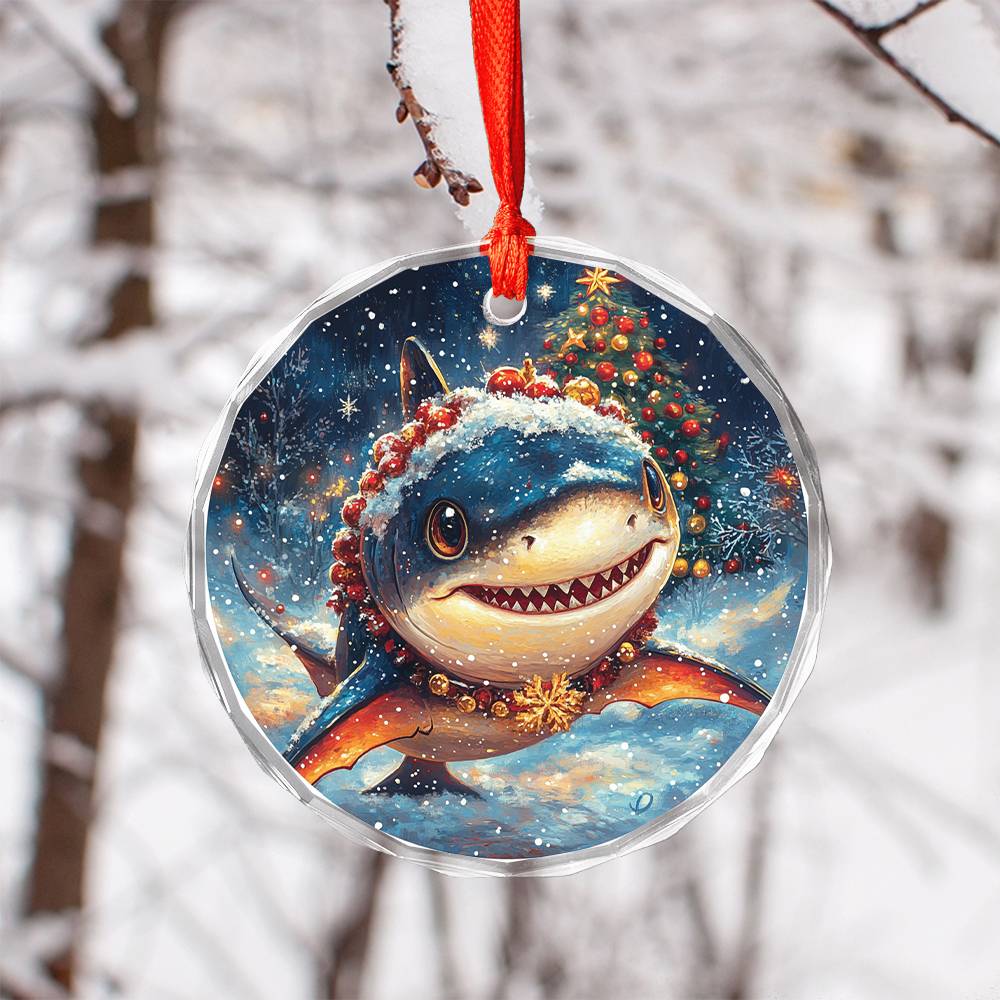 Beautiful Angus Shark Christmas Night Design 3 Glass Ornament