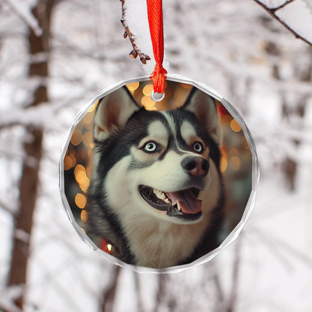 Beautiful Angus Huskie Dog Christmas Night Design 1 Glass Ornament