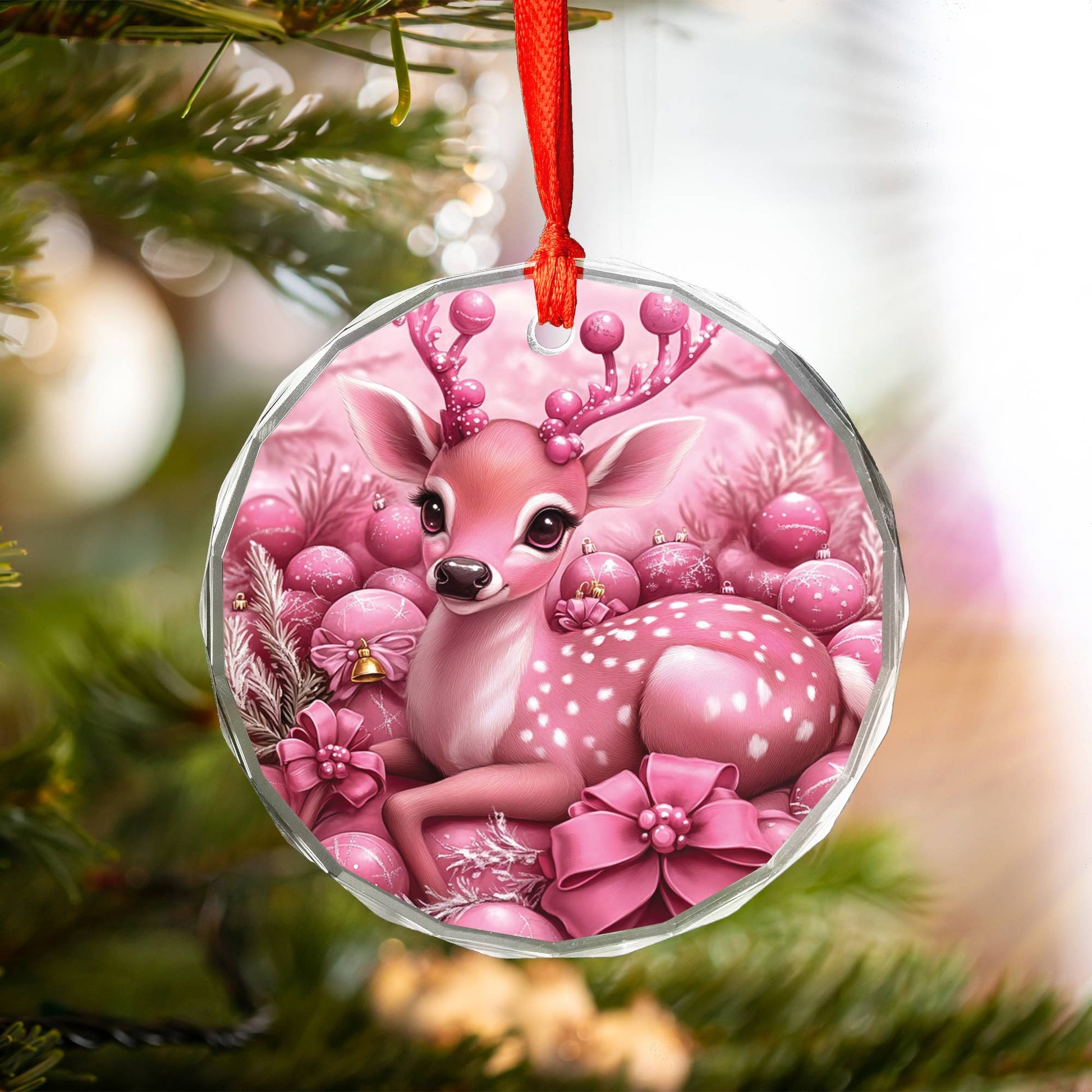 Deer Pink Christmas Design 1 Glass Ornament