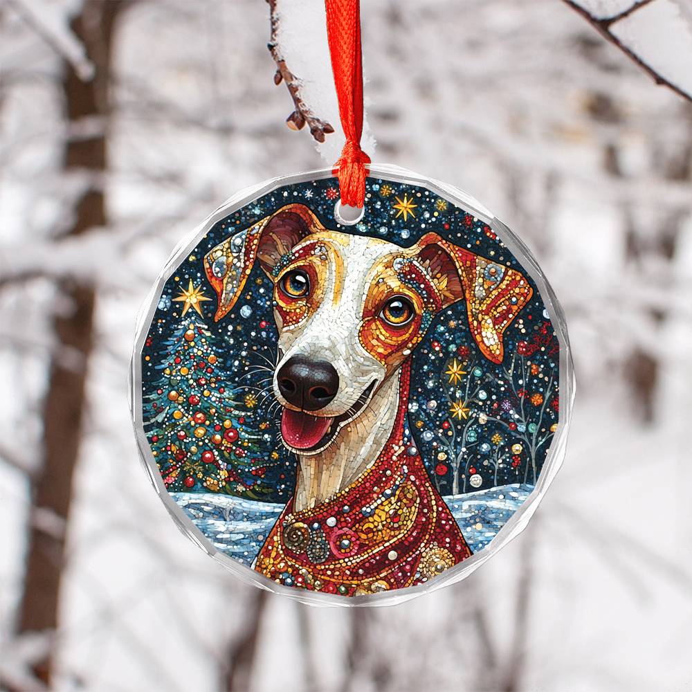 Beautiful Whippet Dog Christmas Night Design 1 Glass Ornament