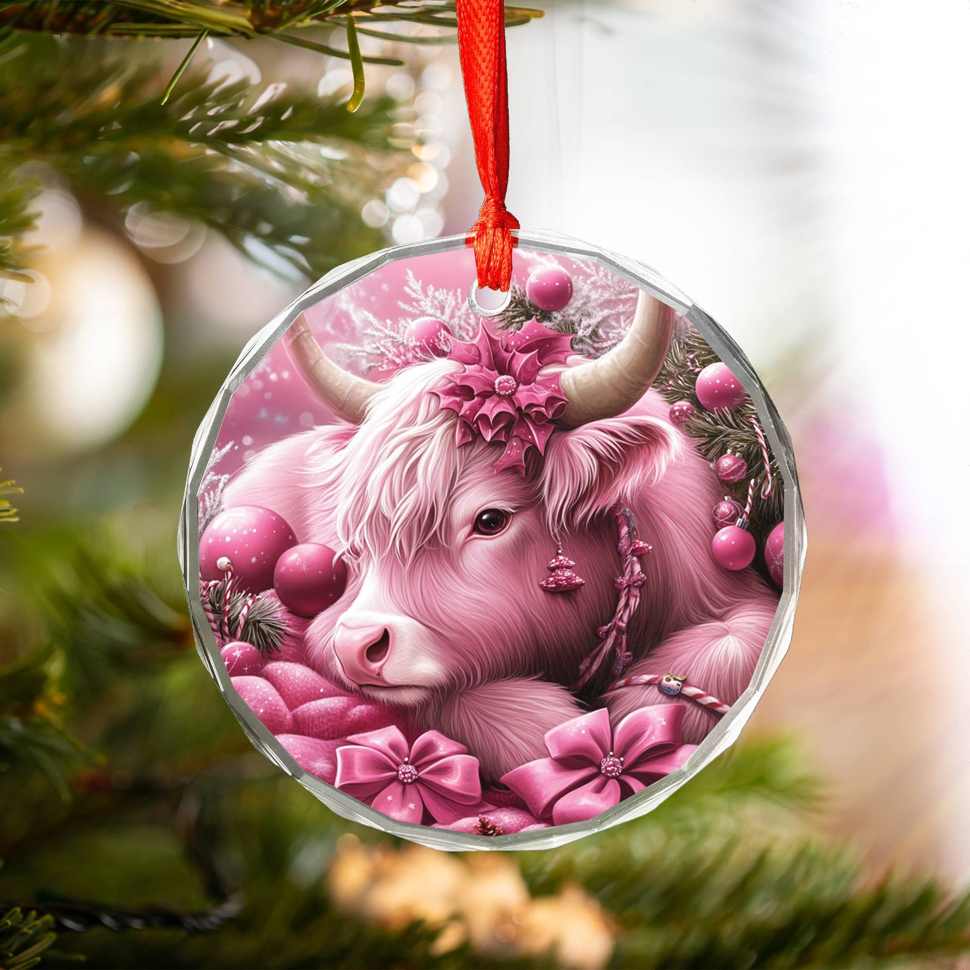 Highland Cow Pink Christmas Design 2 Glass Ornament