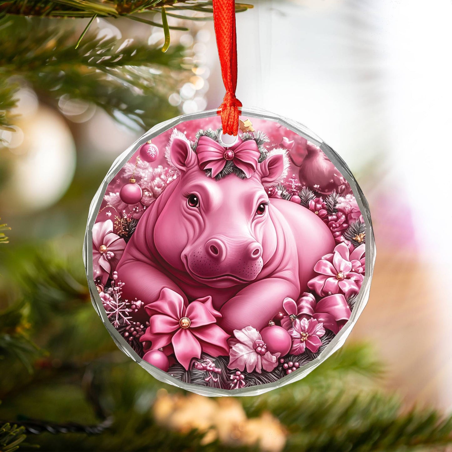 Hippo Pink Christmas Design 4 Glass Ornament