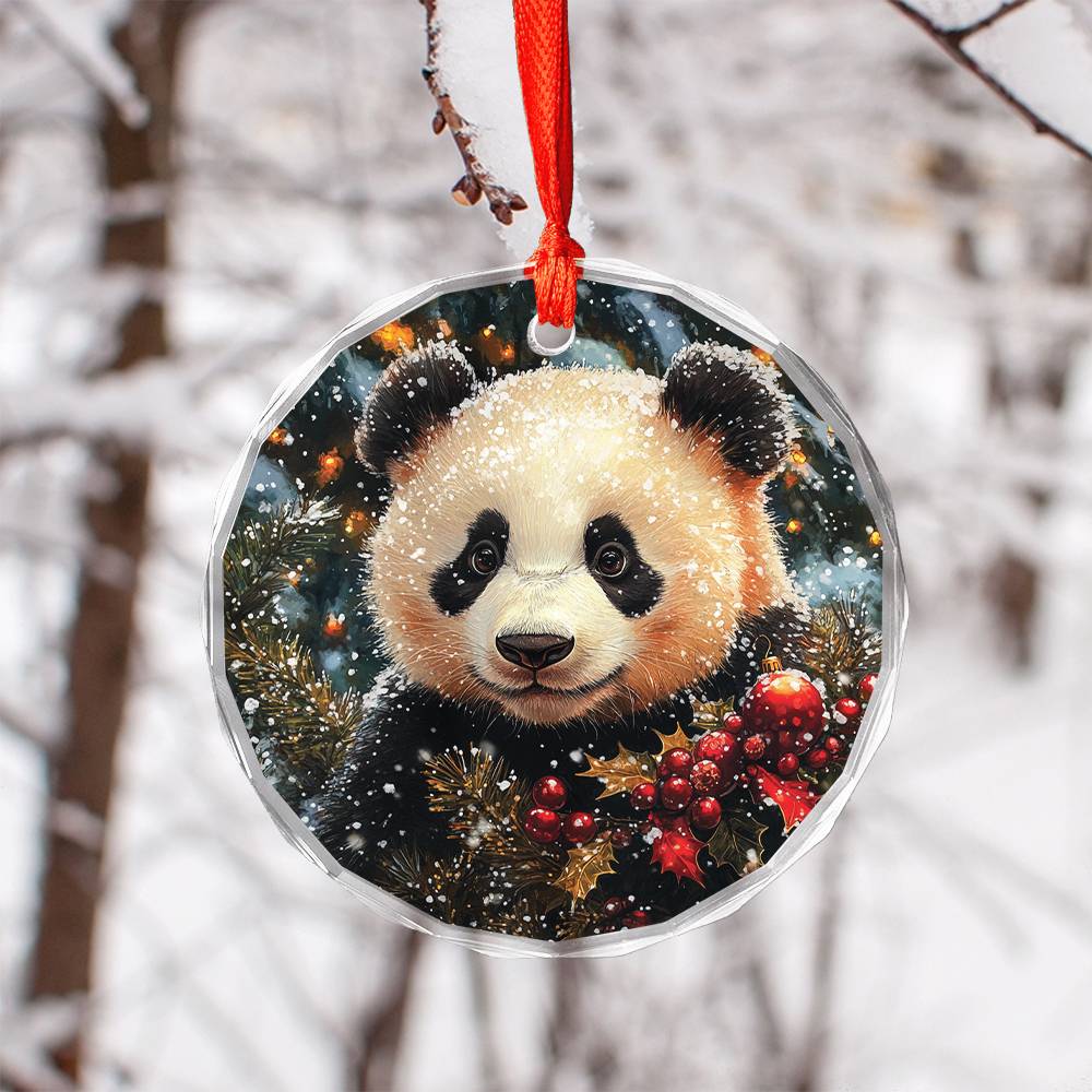 Beautiful Angus Panda Christmas Night Design 2 Glass Ornament