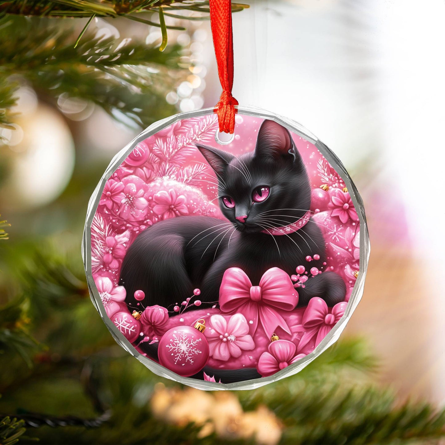 Bombay Cat Pink Christmas Design 1 Glass Ornament