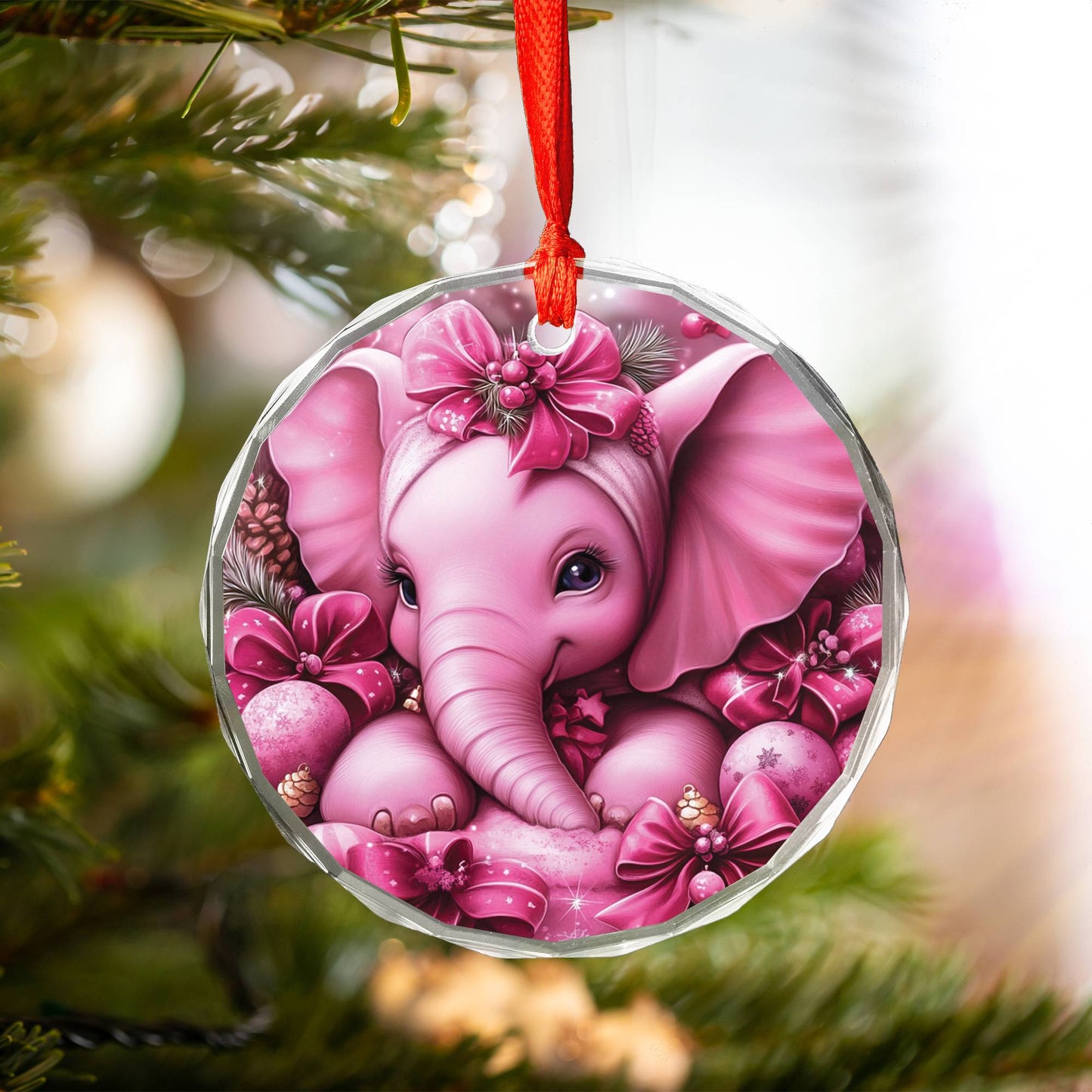 Elephant Pink Christmas Design 4 Glass Ornament
