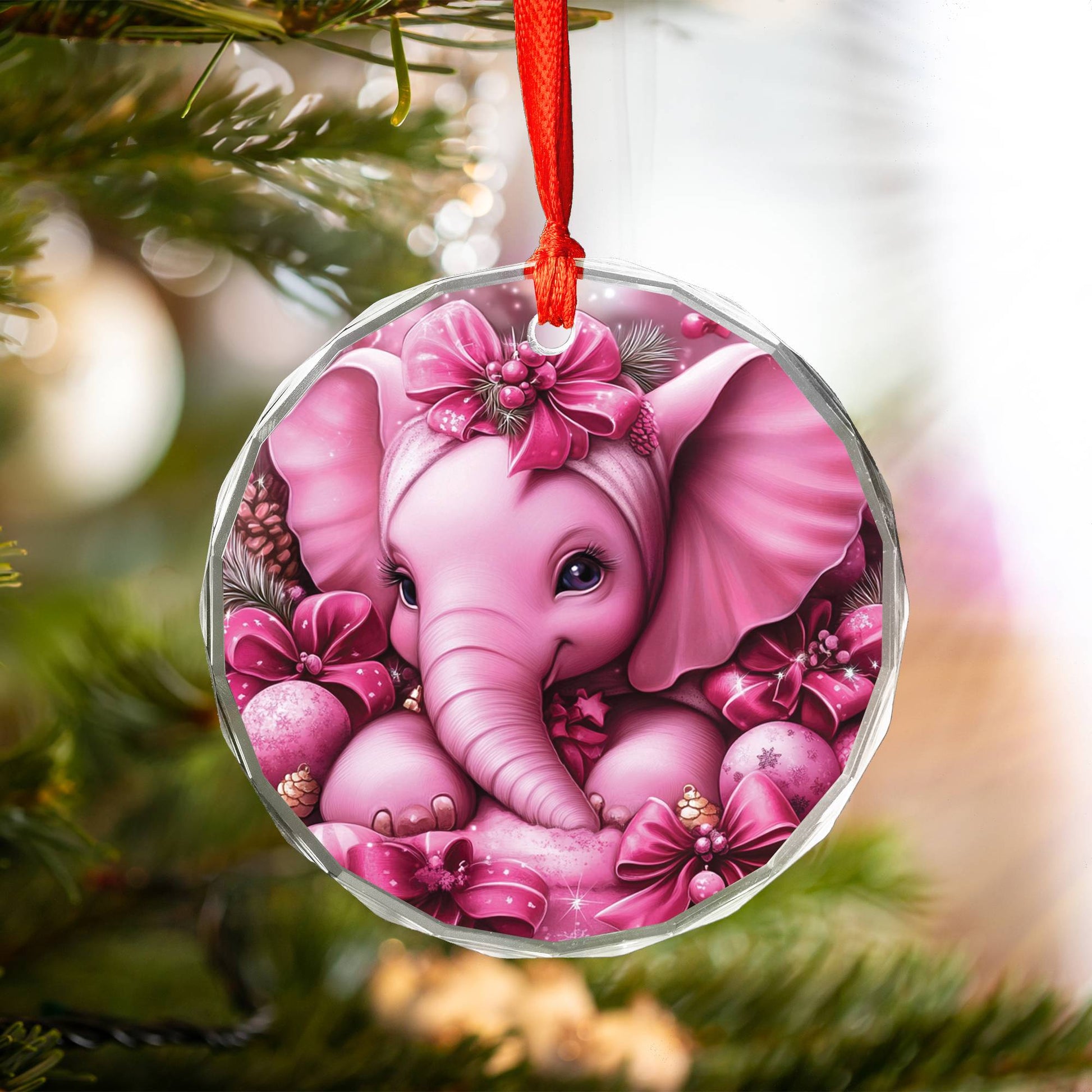 Elephant Pink Christmas Design 4 Glass Ornament