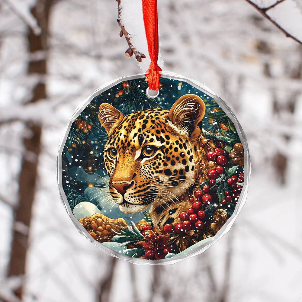 Beautiful Leopard Christmas Night Design 2 Glass Ornament