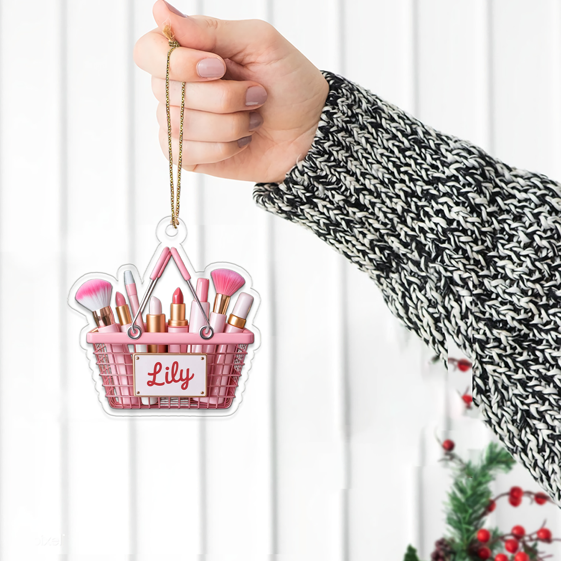 Personalized Makeup Basket Ornament, Christmas Decor, Beauty Ornaments, Makeup Artist Ornament, Xmas Makeup Gifts