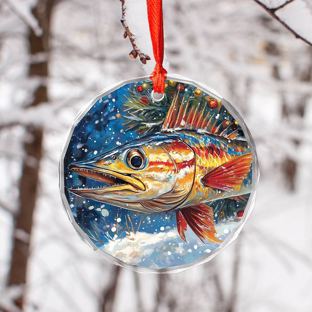 Beautiful Angus Wahoo Fish Christmas Night Design 2 Glass Ornament