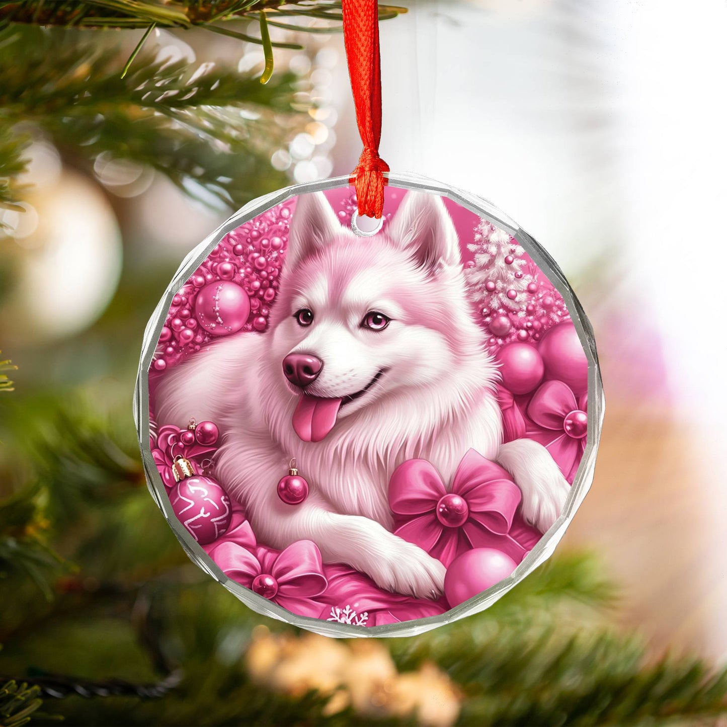 Siberian Huskie Dog Pink Christmas Design 3 Glass Ornament