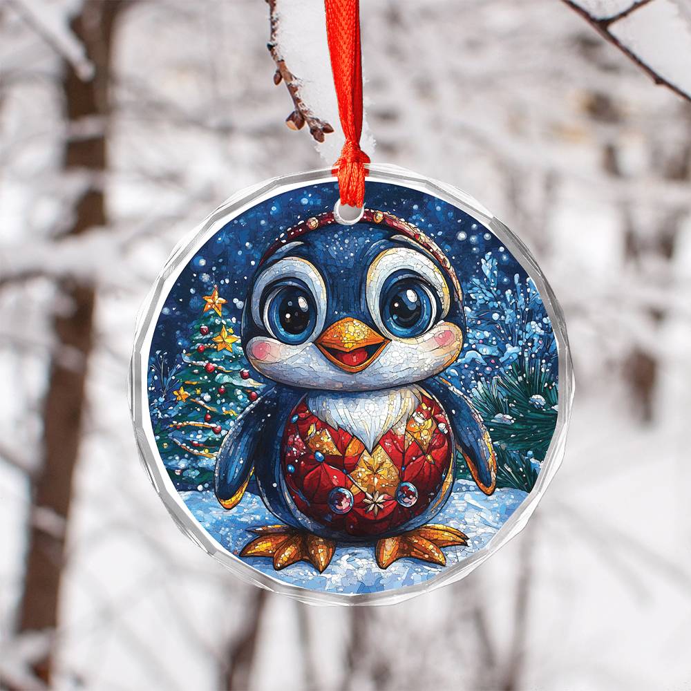 Beautiful Angus Penguin Christmas Night Design 2 Glass Ornament