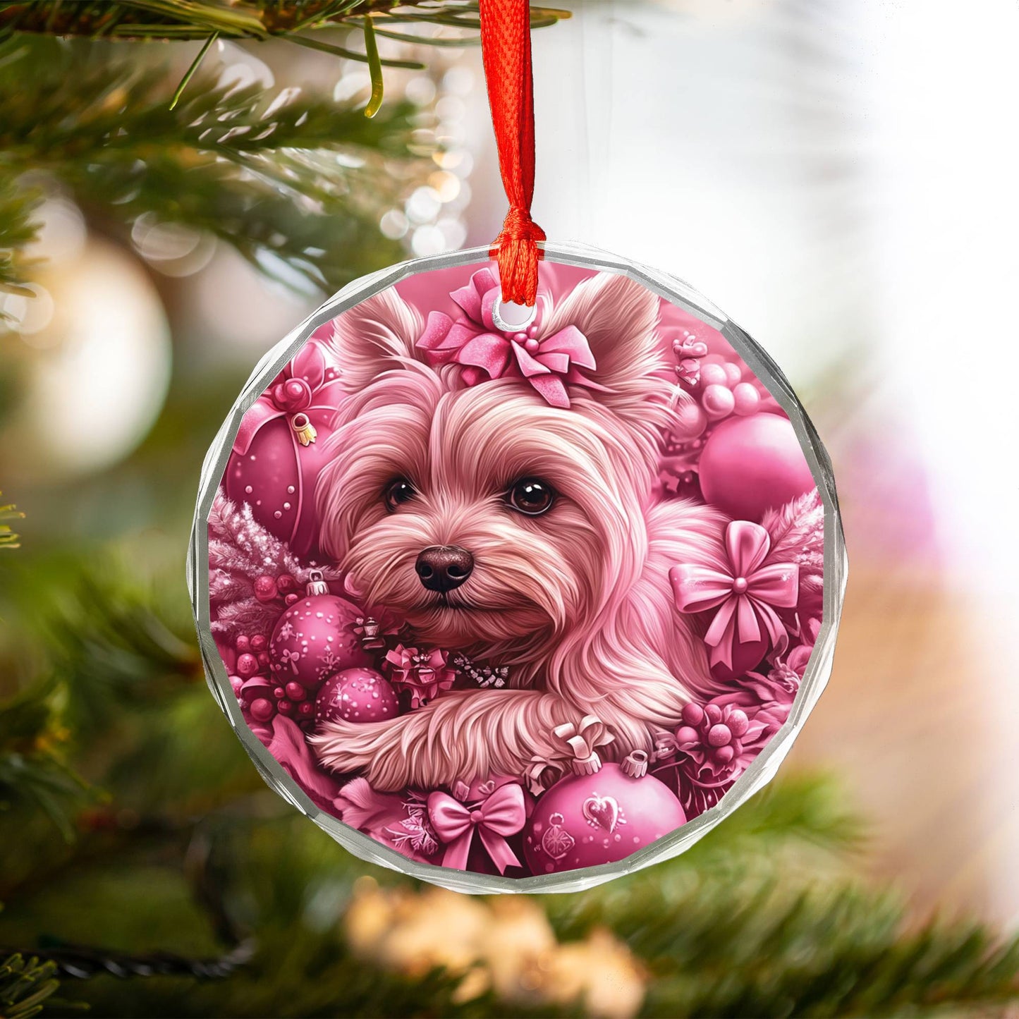 Yorkshire Terrier Dog Pink Christmas Design 1 Glass Ornament