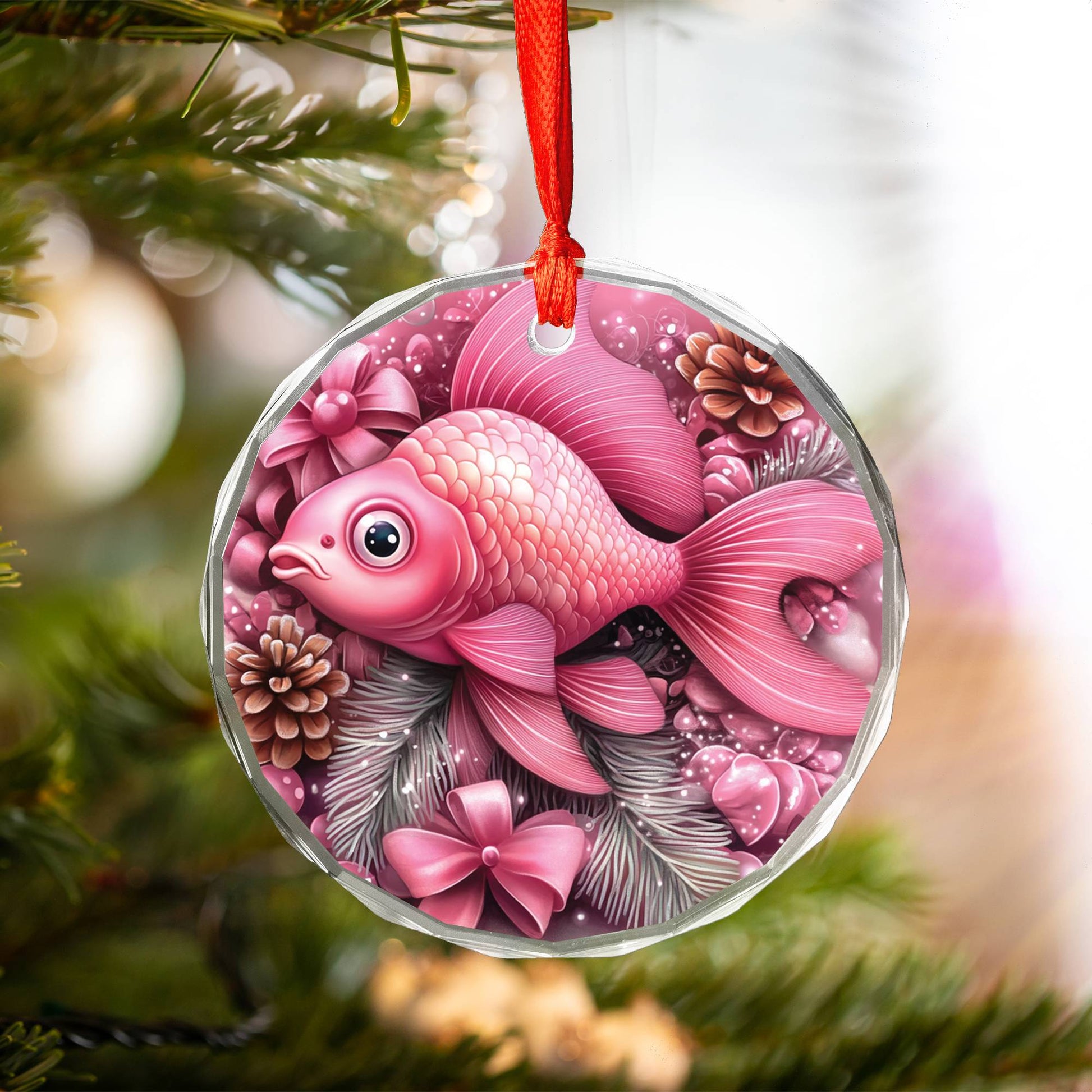 Goldfish Pink Christmas Design 4 Glass Ornament