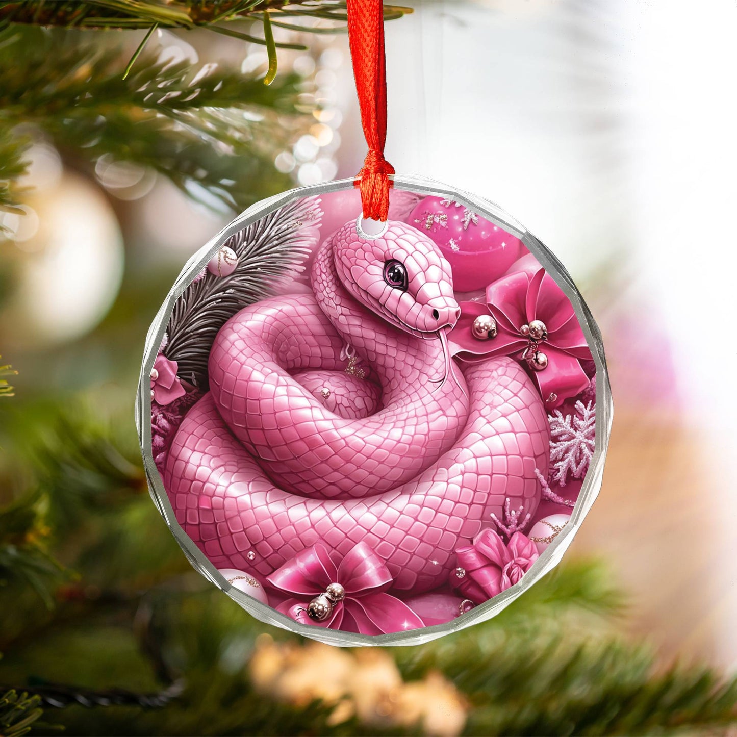 Snake Pink Christmas Design 1 Glass Ornament
