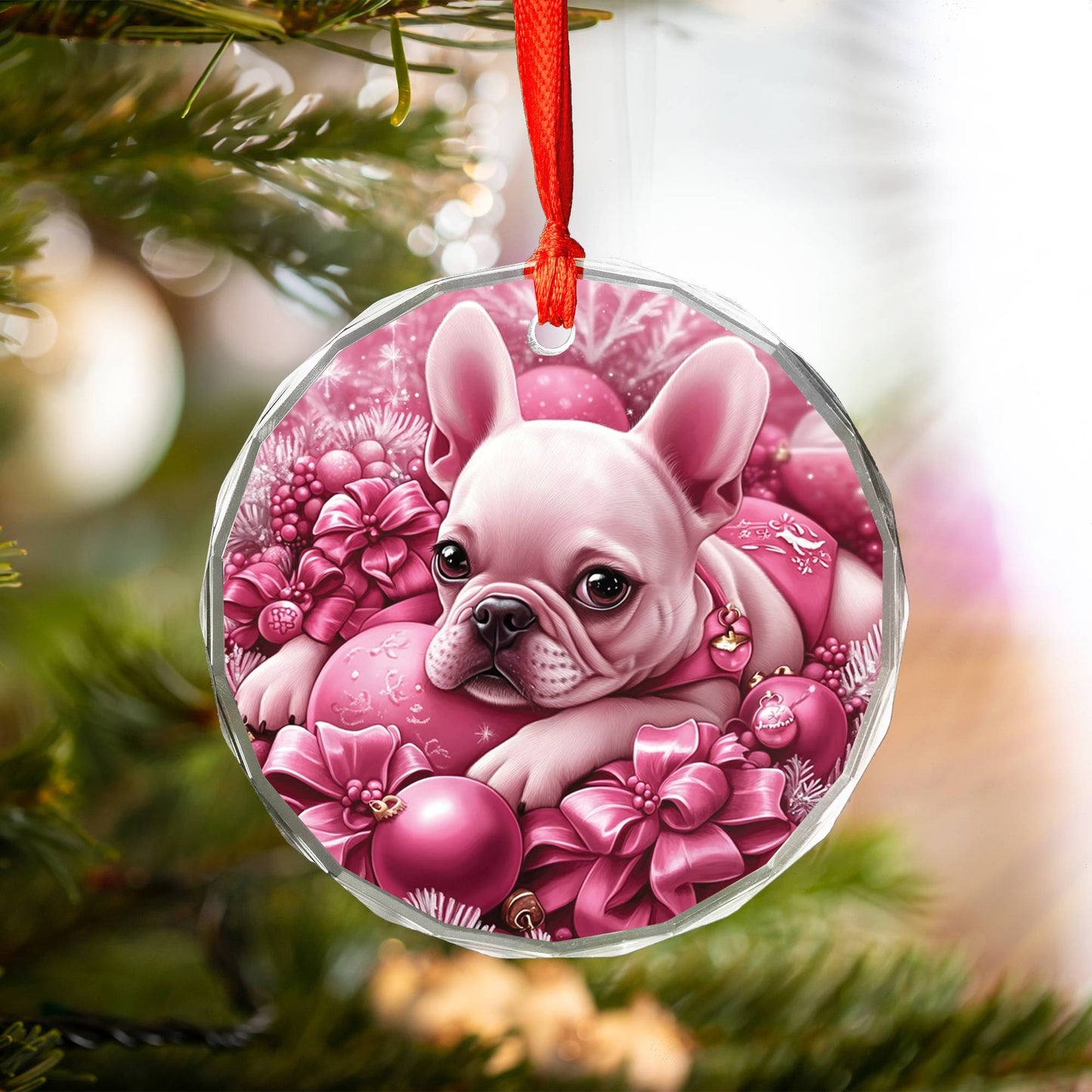 French Bulldog Pink Christmas Design 2 Glass Ornament