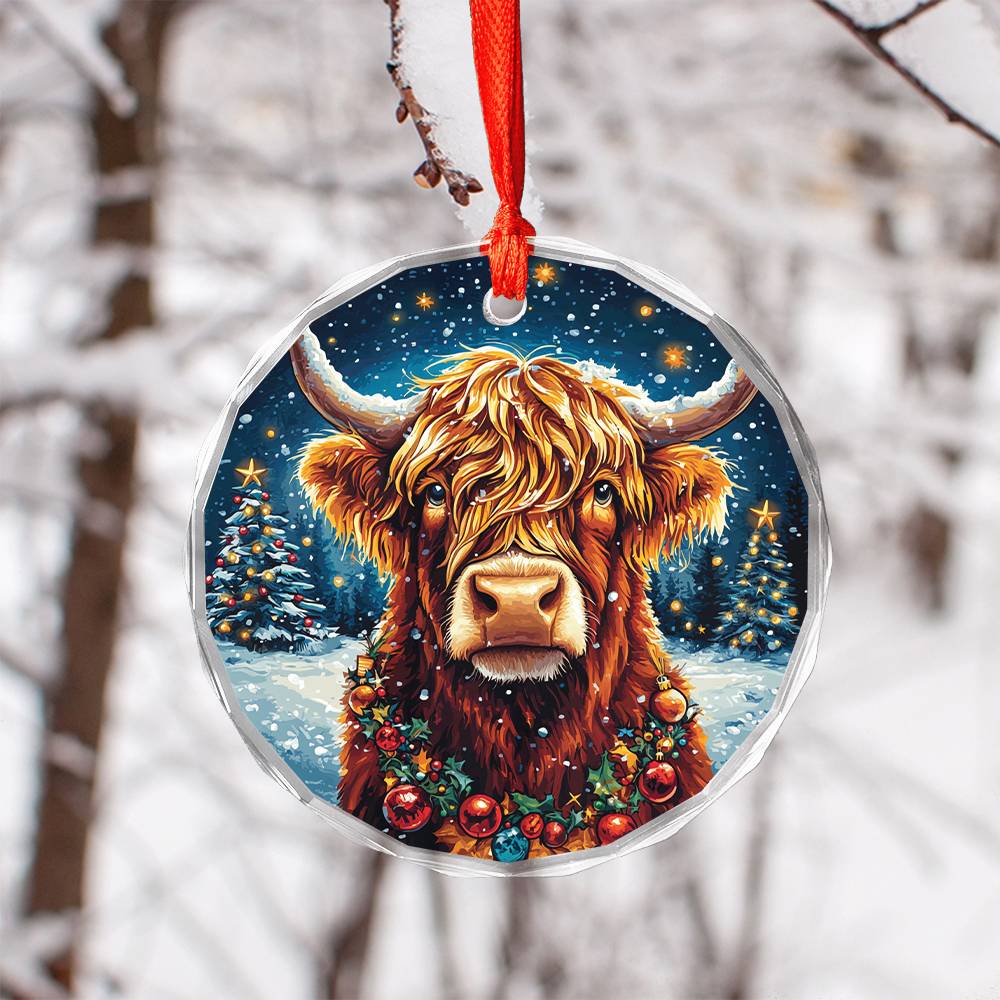 Beautiful Highland Cow Christmas Night Design 4 Glass Ornament