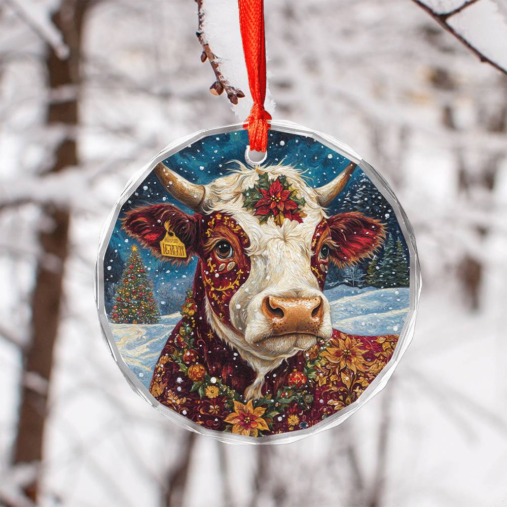 Beautiful Hereford Cow Christmas Night Design 1 Glass Ornament