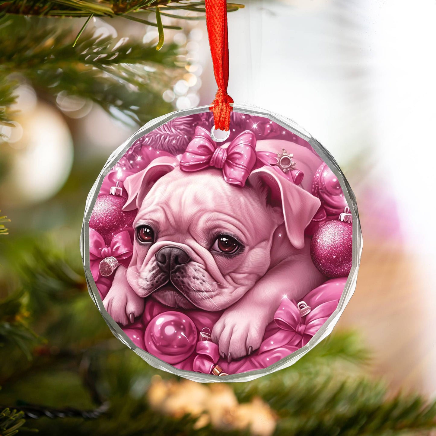 Bulldog Pink Christmas Design 1 Glass Ornament