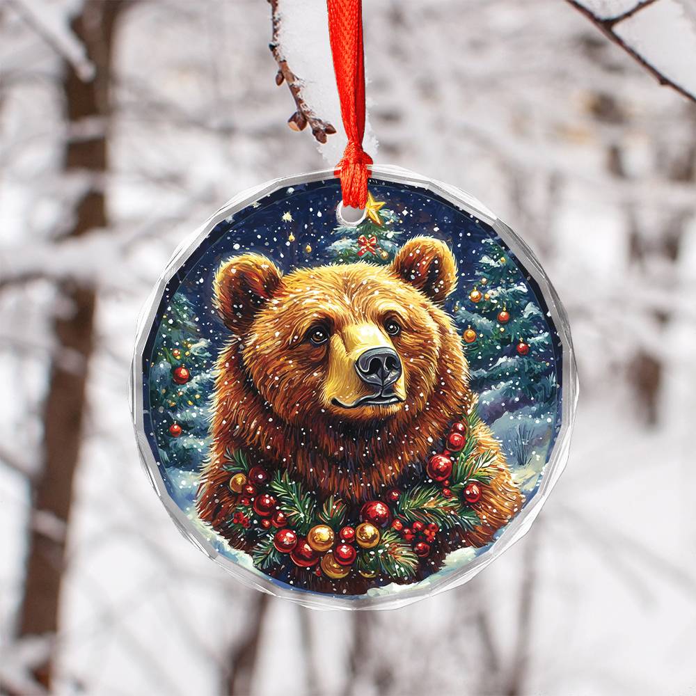 Beautiful Angus Grizzly Bear Christmas Night Design 3 Glass Ornament