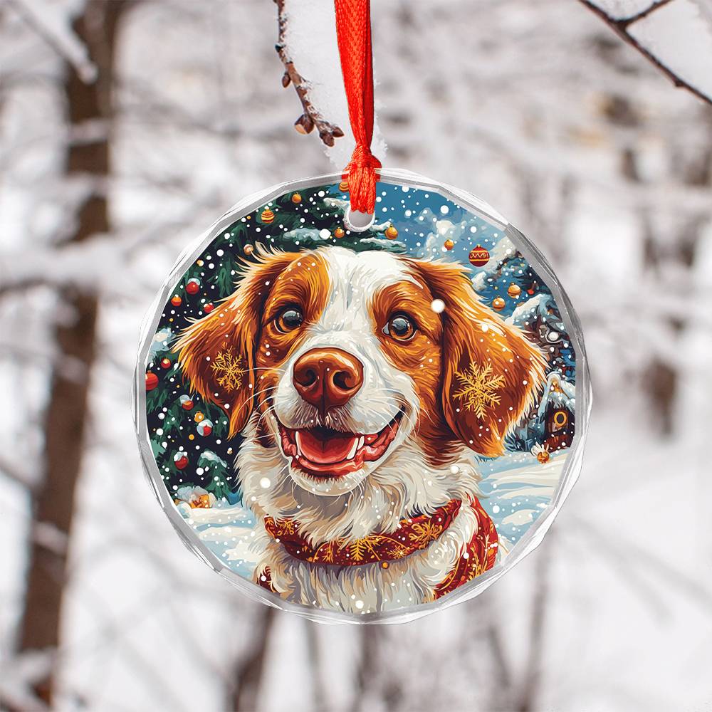 Beautiful Brittany Dog Christmas Night Design 1 Glass Ornament
