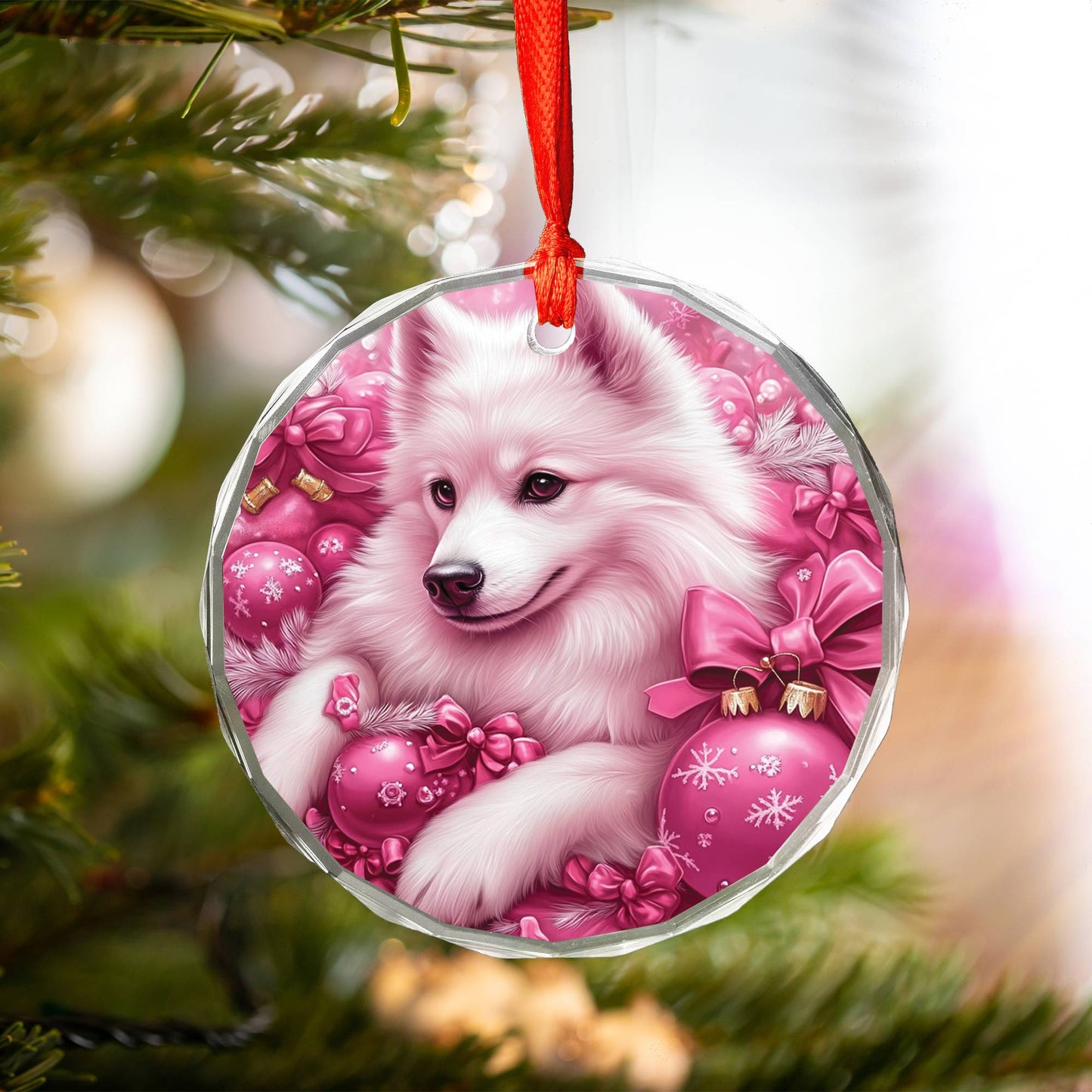 Samoyed Dog Pink Christmas Design 2 Glass Ornament