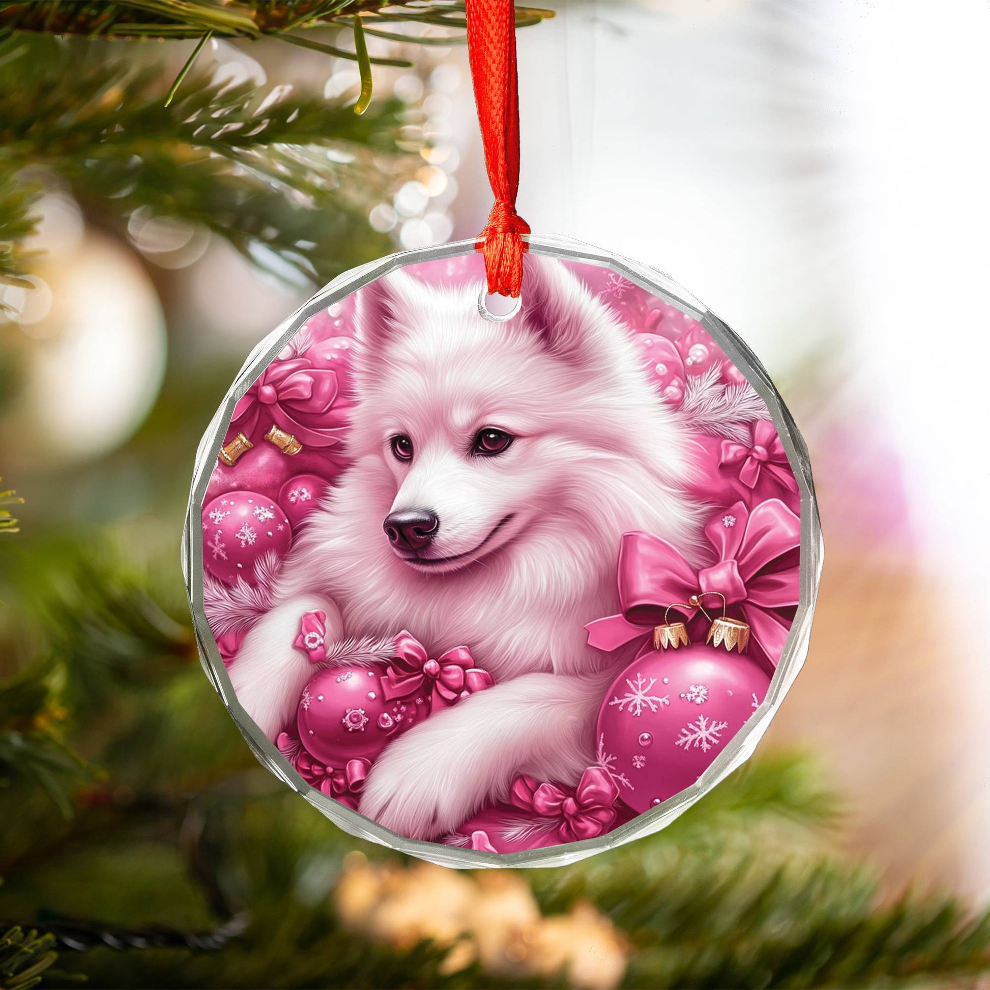 Samoyed Dog Pink Christmas Design 2 Glass Ornament
