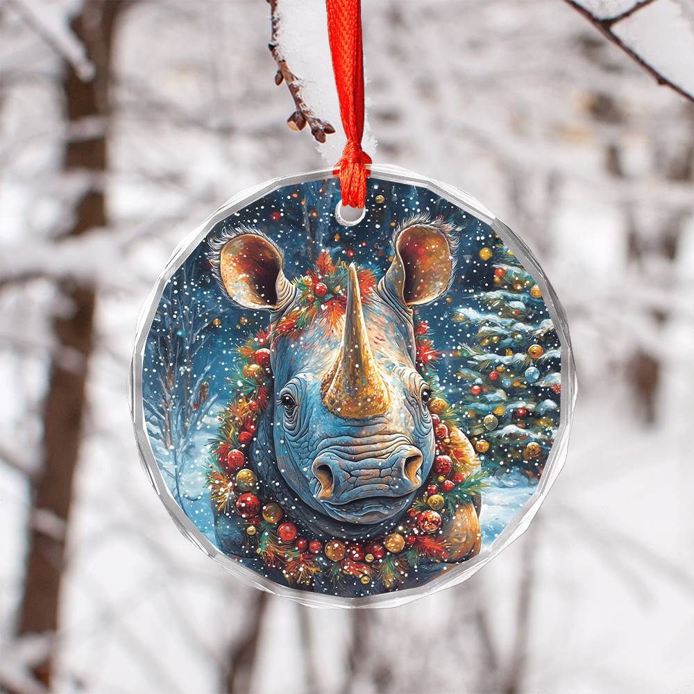 Beautiful Rhino Christmas Night Design 4 Glass Ornament