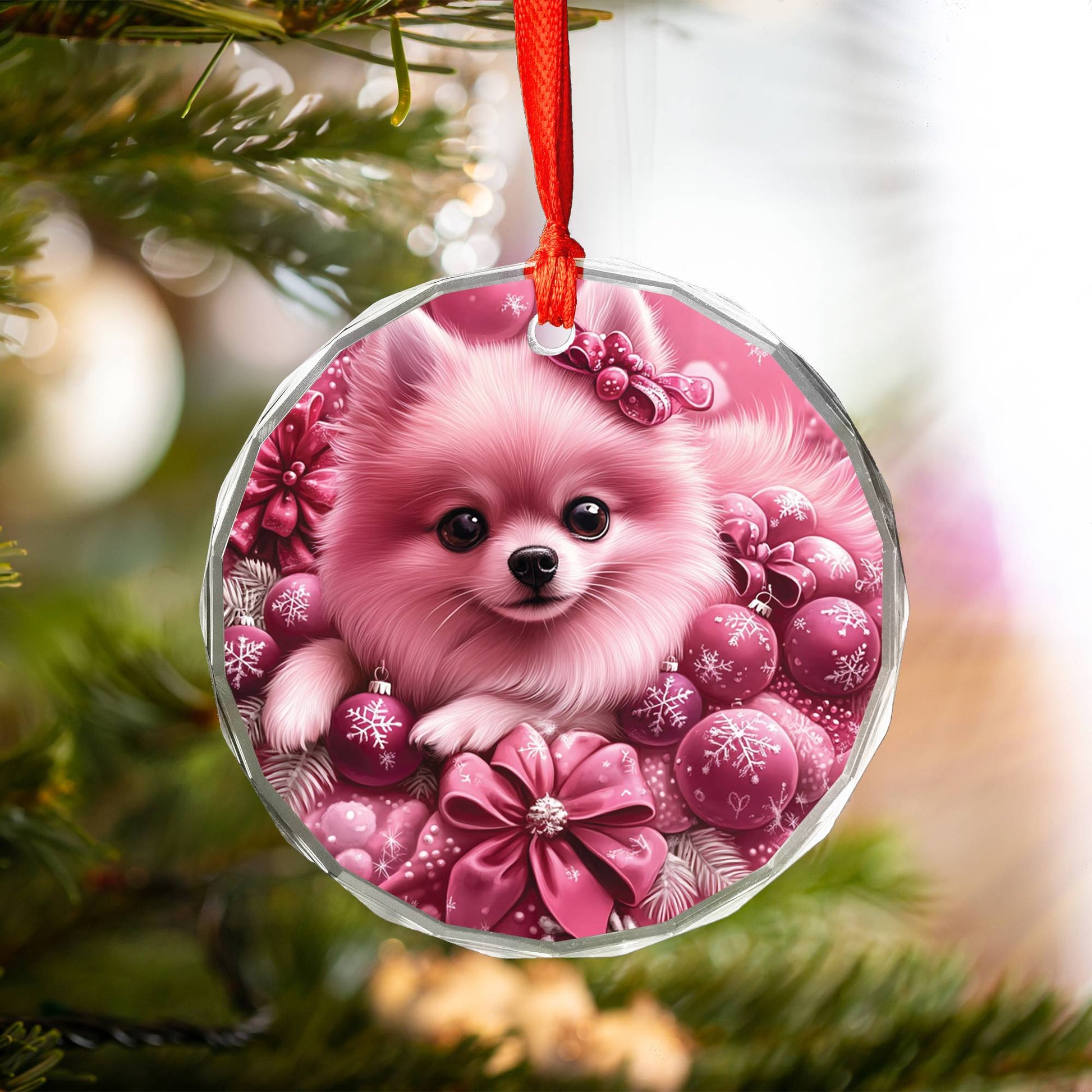 Pomeranian Dog Pink Christmas Design 2 Glass Ornament