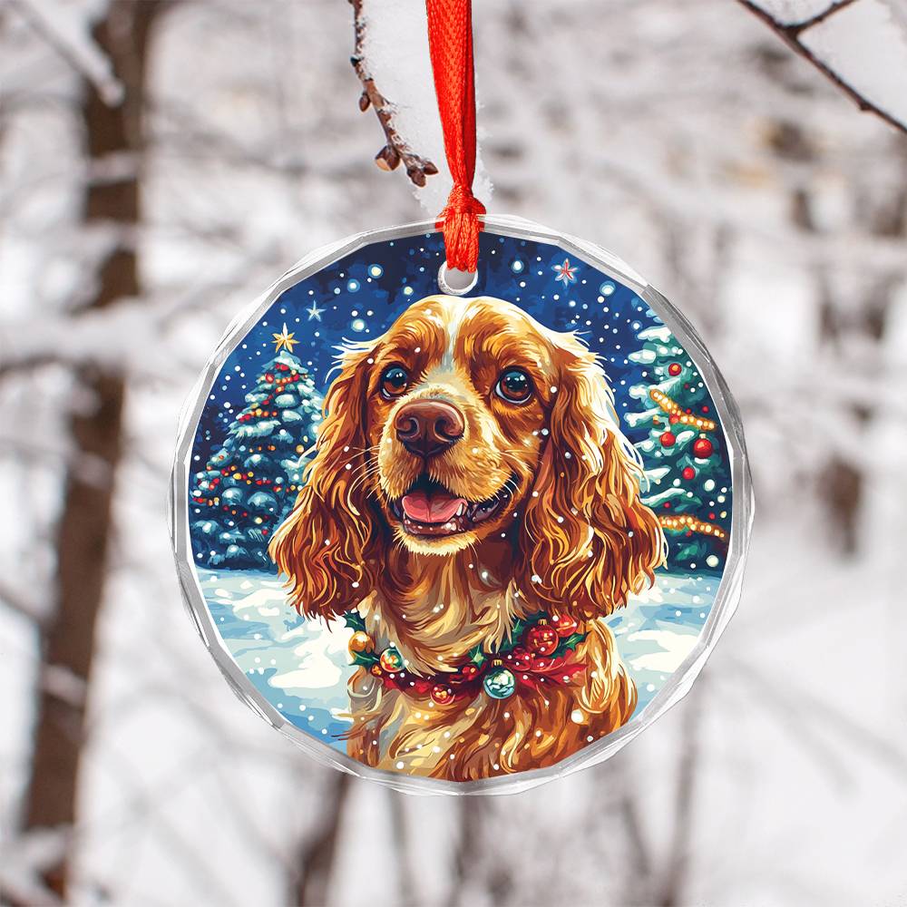 Beautiful English Cocker Spaniel Dog Christmas Night Design 1 Glass Ornament
