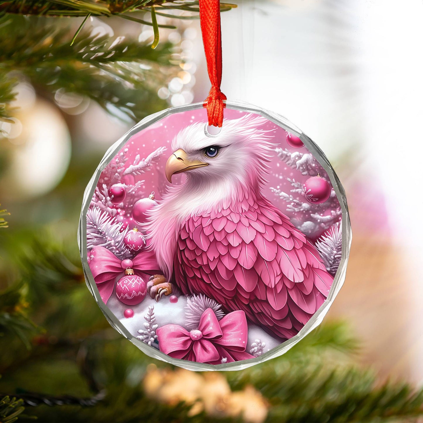 Eagle Pink Christmas Design 3 Glass Ornament