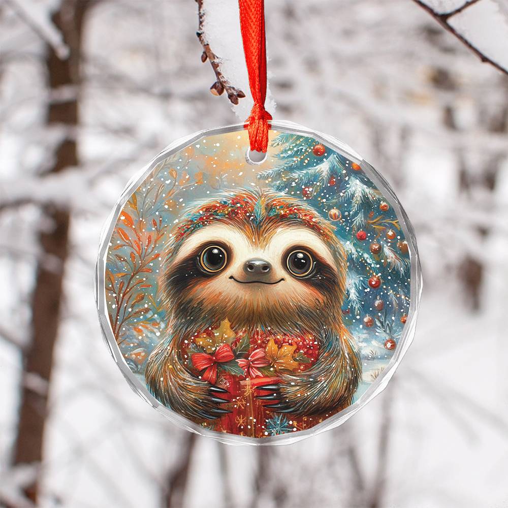 Beautiful Angus Sloth Christmas Night Design 4 Glass Ornament
